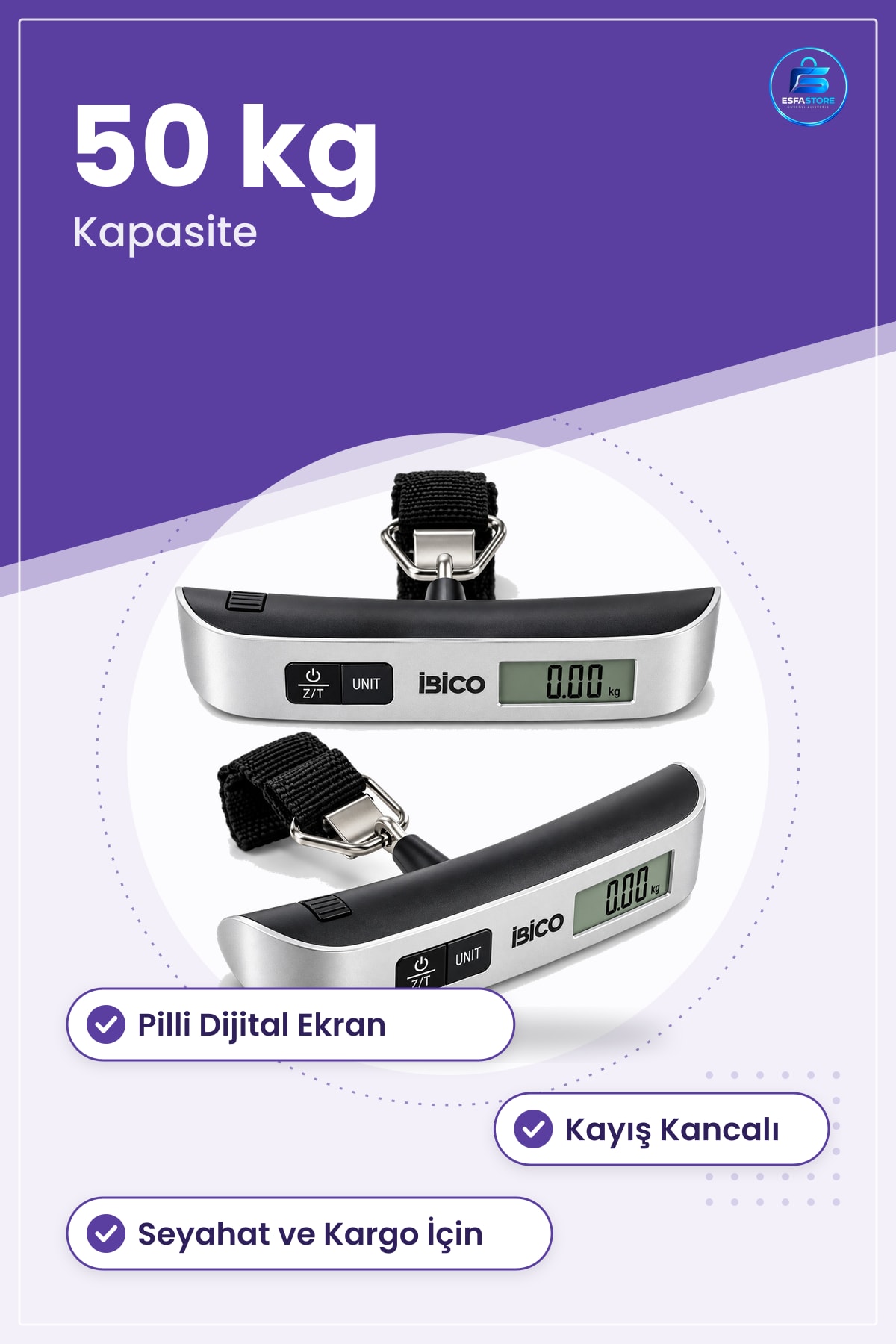 Dijital Valiz Terazisi 50 kg Taşınabilir Bagaj Tartı Aleti Kayış Kancalı Pilli Ekranlı Seyahat