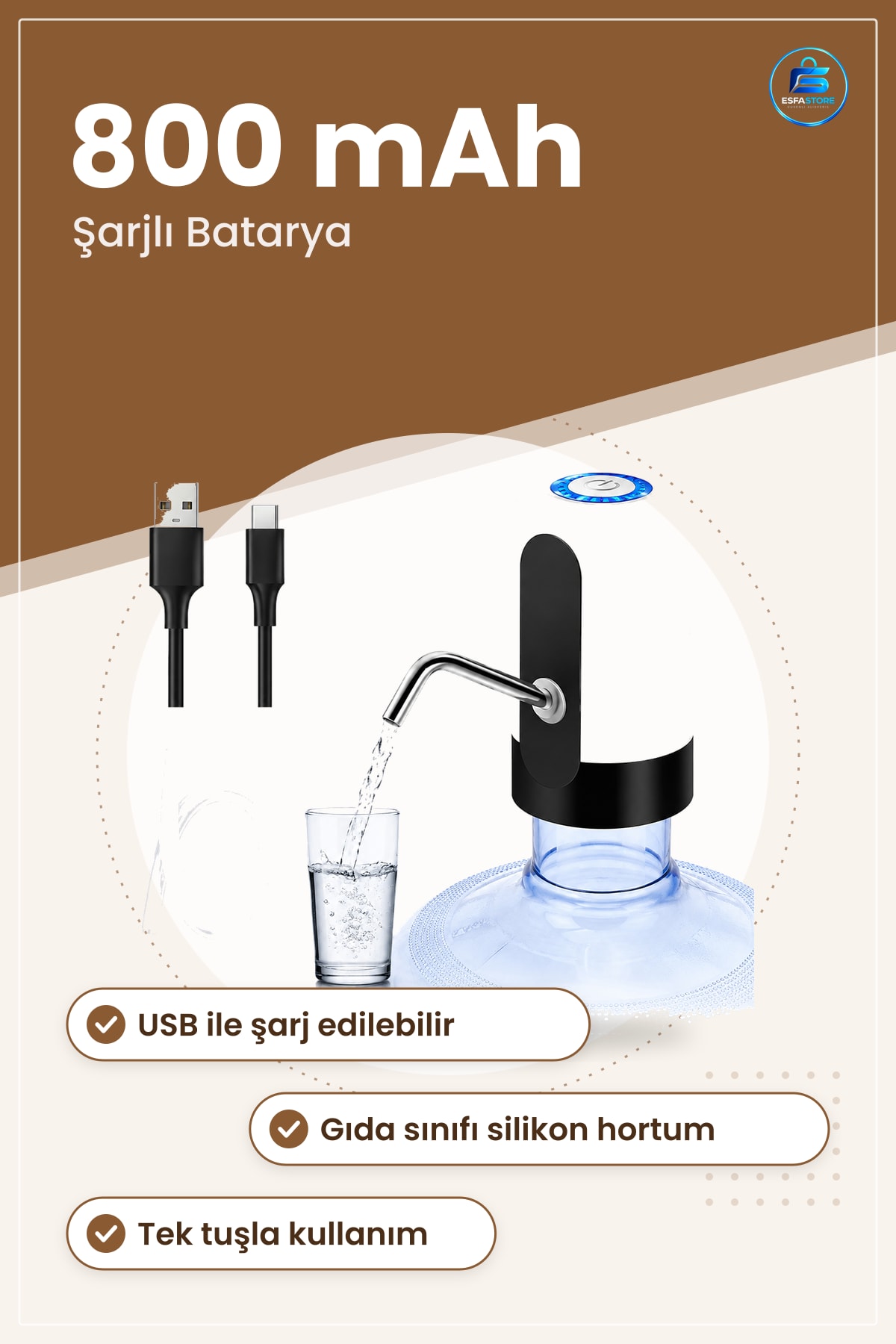 Damacana Su Pompası Otomatik USB Şarjlı 4W 800 mAh Elektrikli Taşınabilir Mutfak Ofis 19 Litre