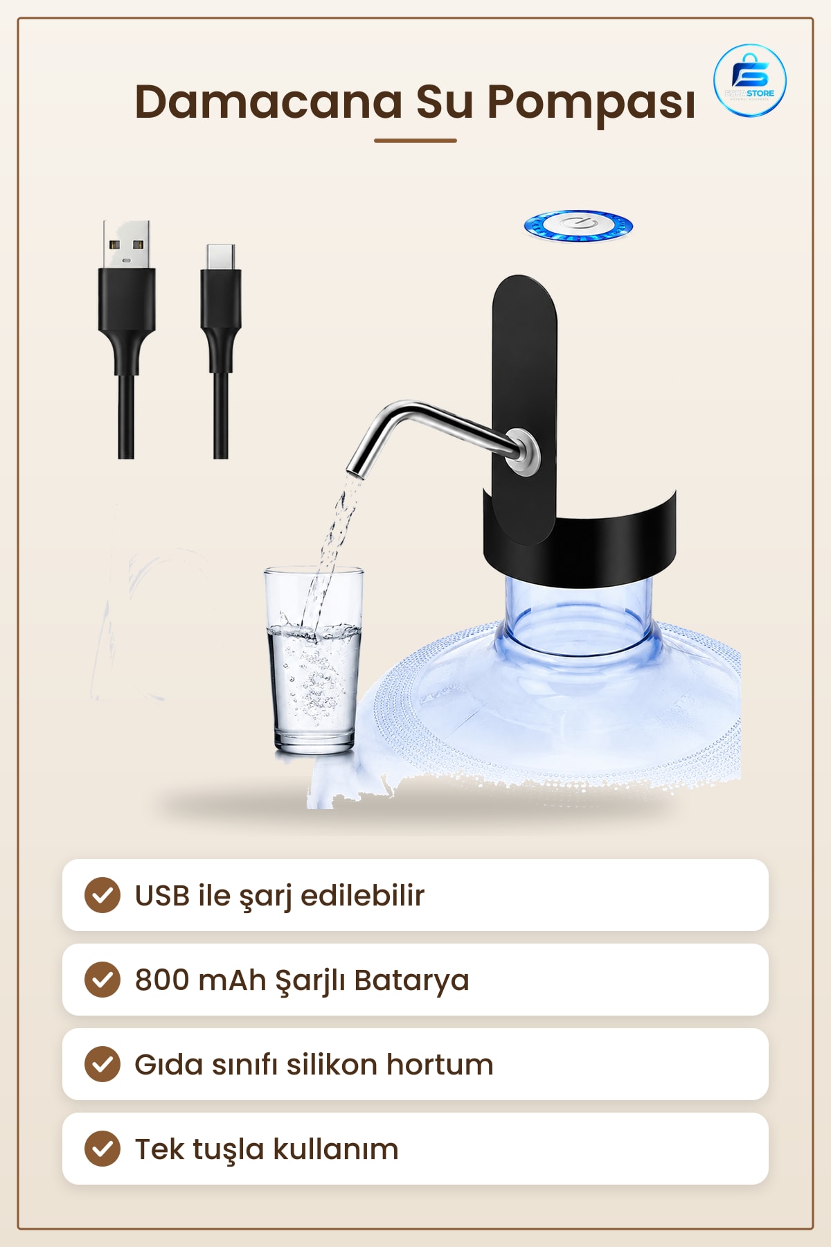 Damacana Su Pompası Otomatik USB Şarjlı 4W 800 mAh Elektrikli Taşınabilir Mutfak Ofis 19 Litre