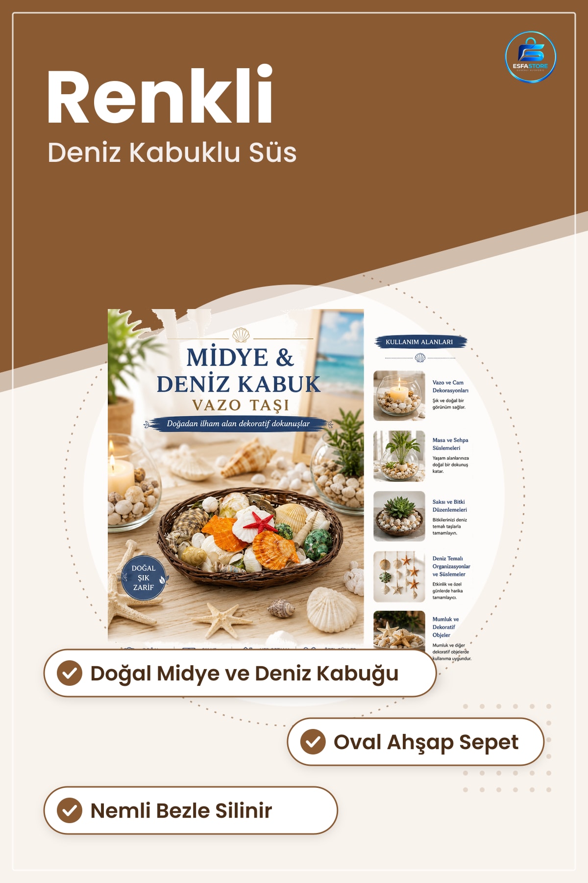 Vazo Taşı Oval Ahşap Sepet Deniz Kabuklu Renkli Mix Dekoratif Masa Süsü Ev Dekorasyonu