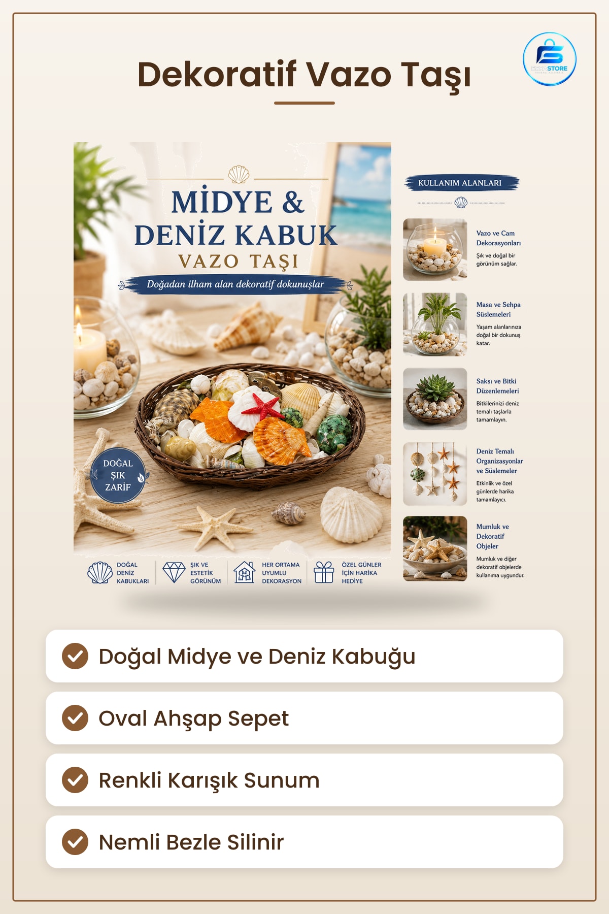 Vazo Taşı Oval Ahşap Sepet Deniz Kabuklu Renkli Mix Dekoratif Masa Süsü Ev Dekorasyonu