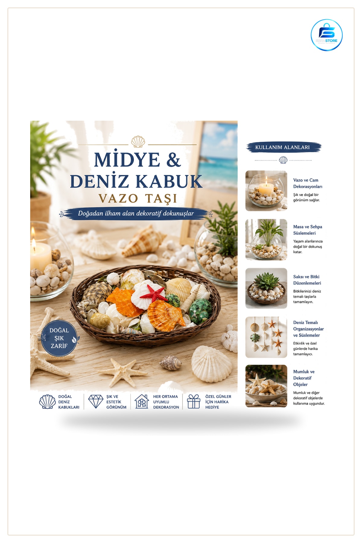 Vazo Taşı Oval Ahşap Sepet Deniz Kabuklu Renkli Mix Dekoratif Masa Süsü Ev Dekorasyonu