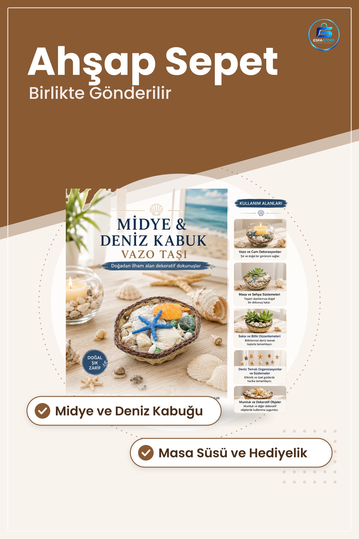 Ahşap Sepetli Midye ve Deniz Kabuğu Vazo Taşı Dekoratif Obje Doğal Masa Süsü Hediyelik Vitrin
