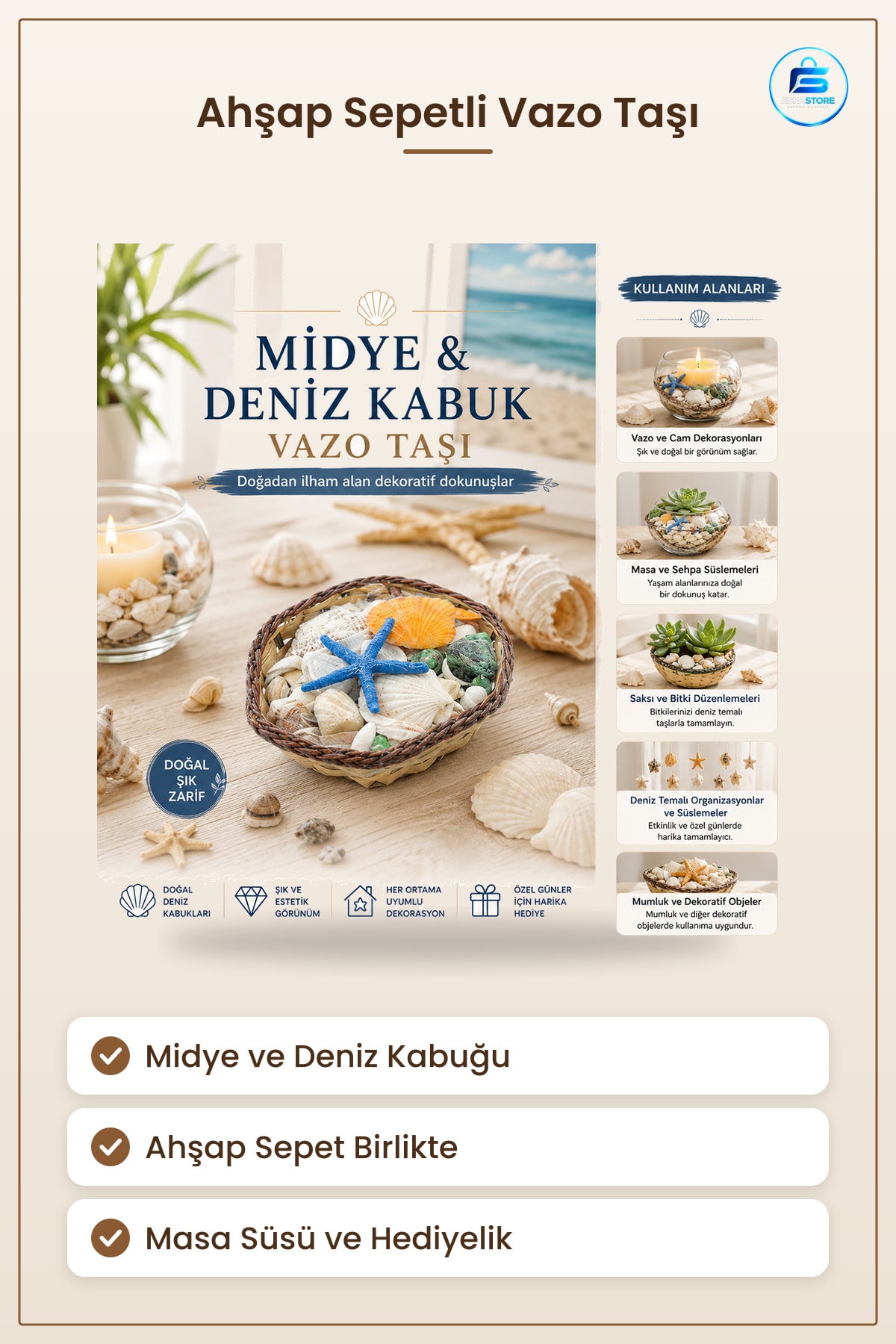 Ahşap Sepetli Midye ve Deniz Kabuğu Vazo Taşı Dekoratif Obje Doğal Masa Süsü Hediyelik Vitrin