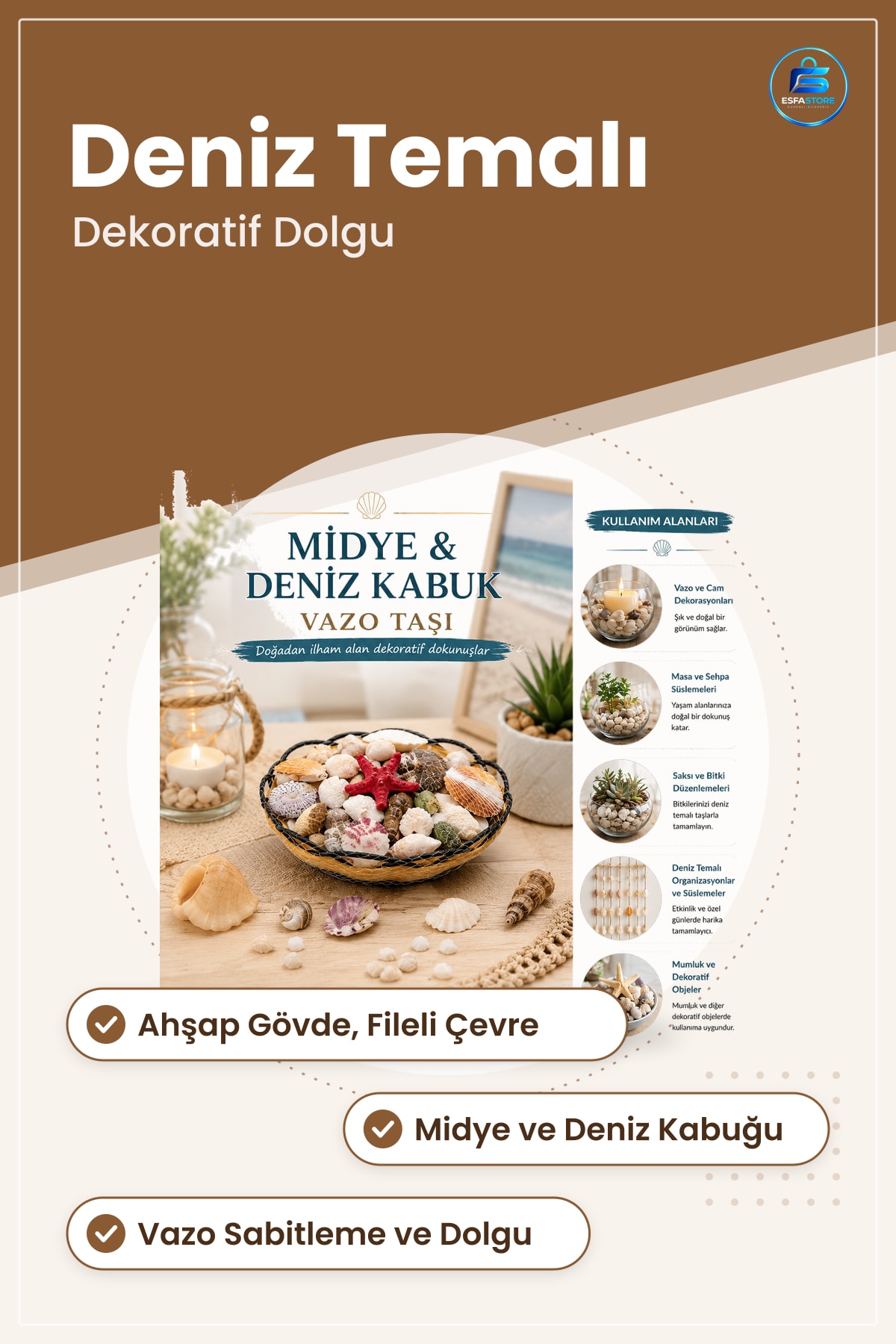 Vazo Taşı Ahşap Yuvarlak Sepet Fileli Midye Deniz Kabuğu Dekoratif Masa Süsü Ev Dekorasyonu