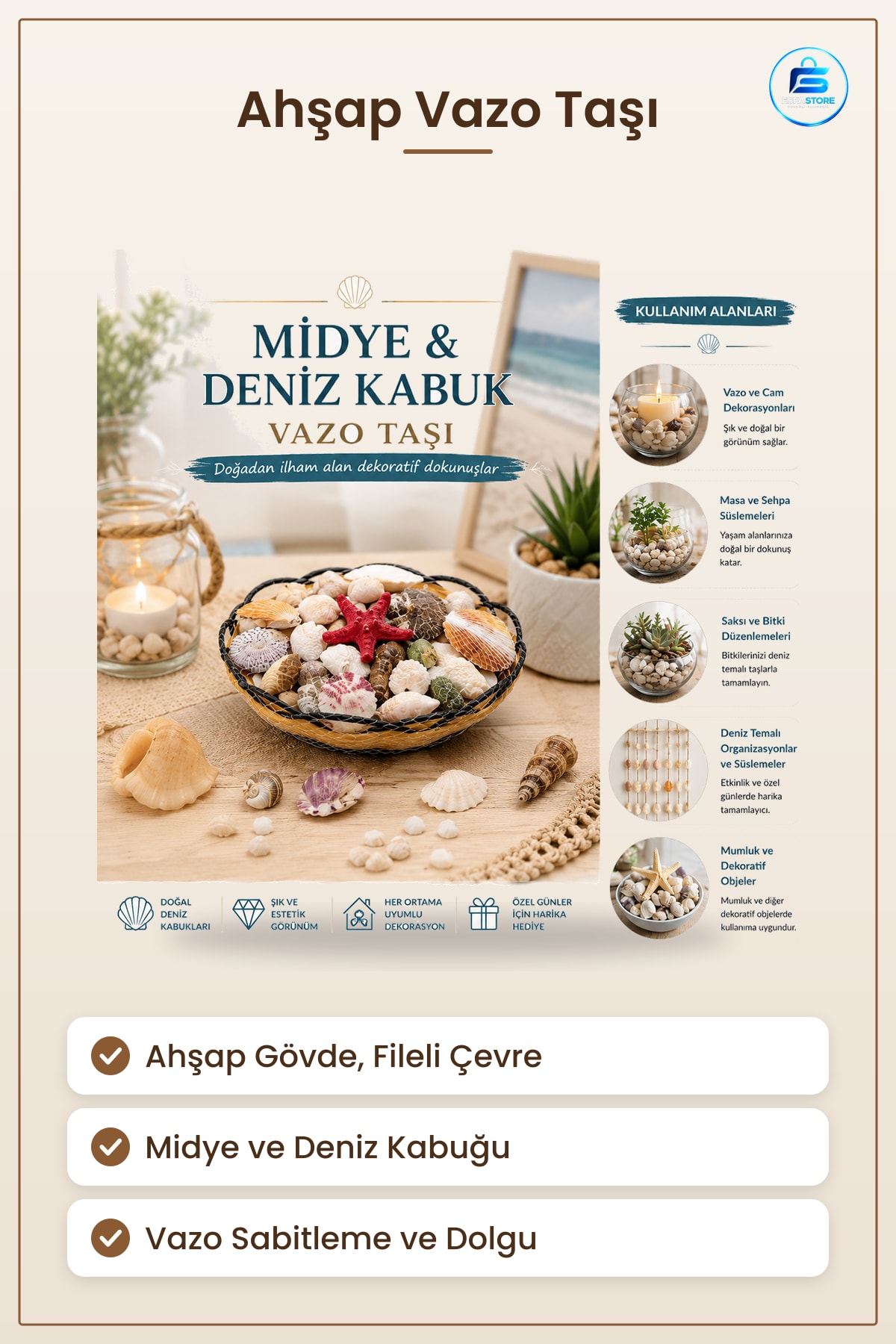 Vazo Taşı Ahşap Yuvarlak Sepet Fileli Midye Deniz Kabuğu Dekoratif Masa Süsü Ev Dekorasyonu