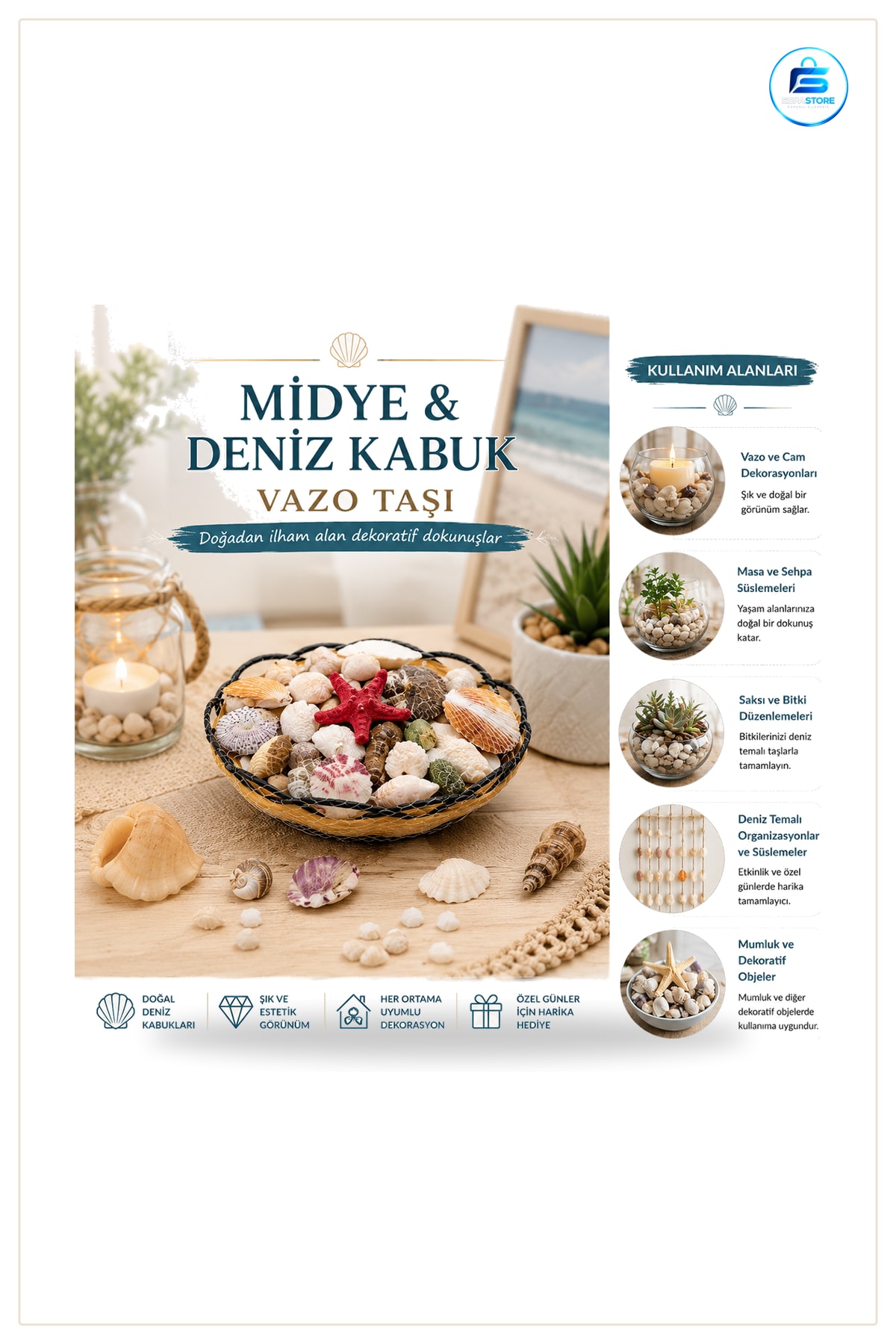 Vazo Taşı Ahşap Yuvarlak Sepet Fileli Midye Deniz Kabuğu Dekoratif Masa Süsü Ev Dekorasyonu