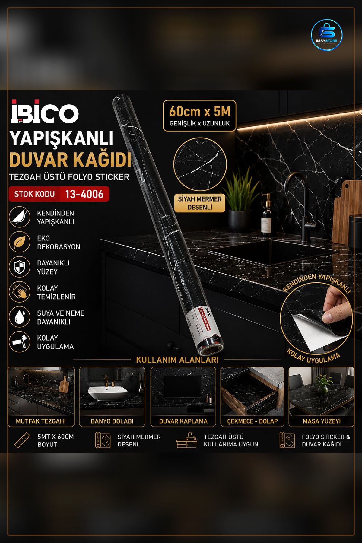 Siyah Mermer Desenli Kendinden Yapışkanlı Folyo Sticker 5 m 60 cm Tezgah Mutfak Dolap Duvar Kağıdı
