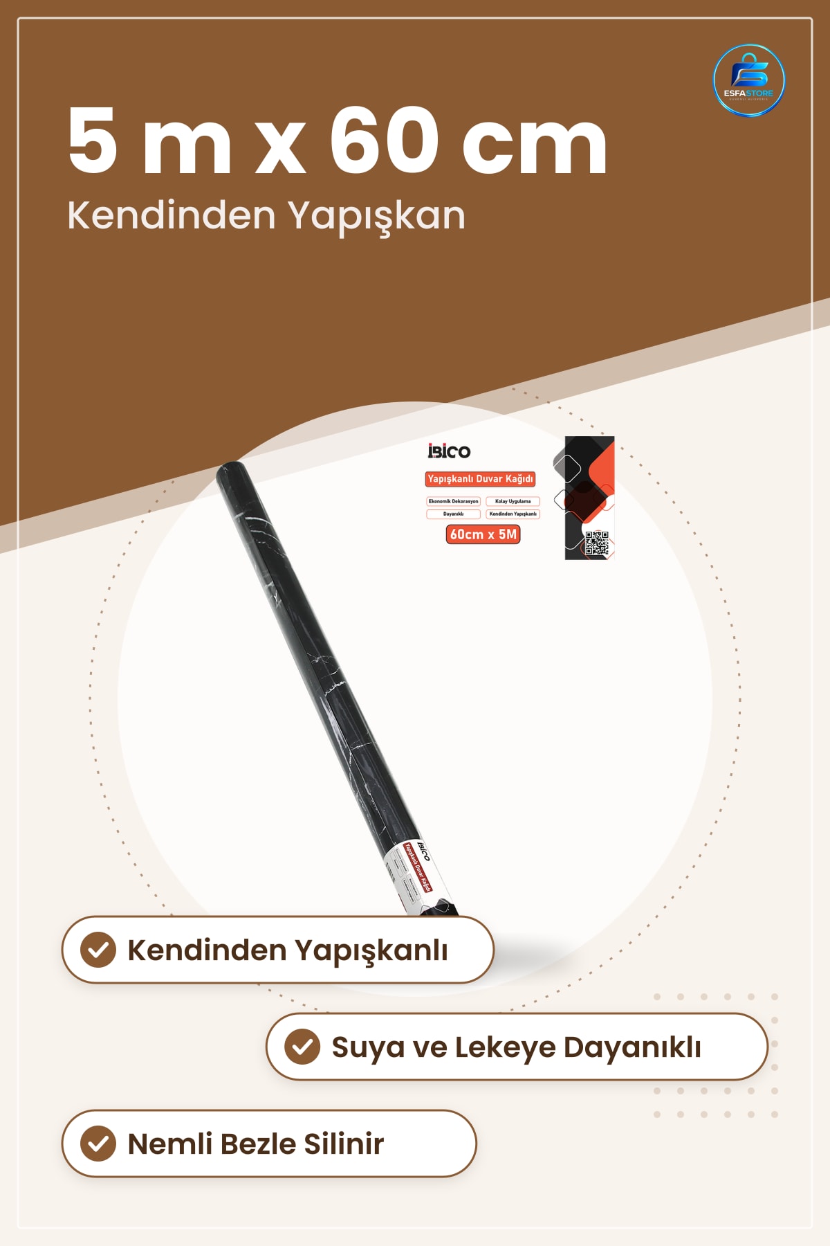 Siyah Mermer Desenli Kendinden Yapışkanlı Folyo Sticker 5 m 60 cm Tezgah Mutfak Dolap Duvar Kağıdı
