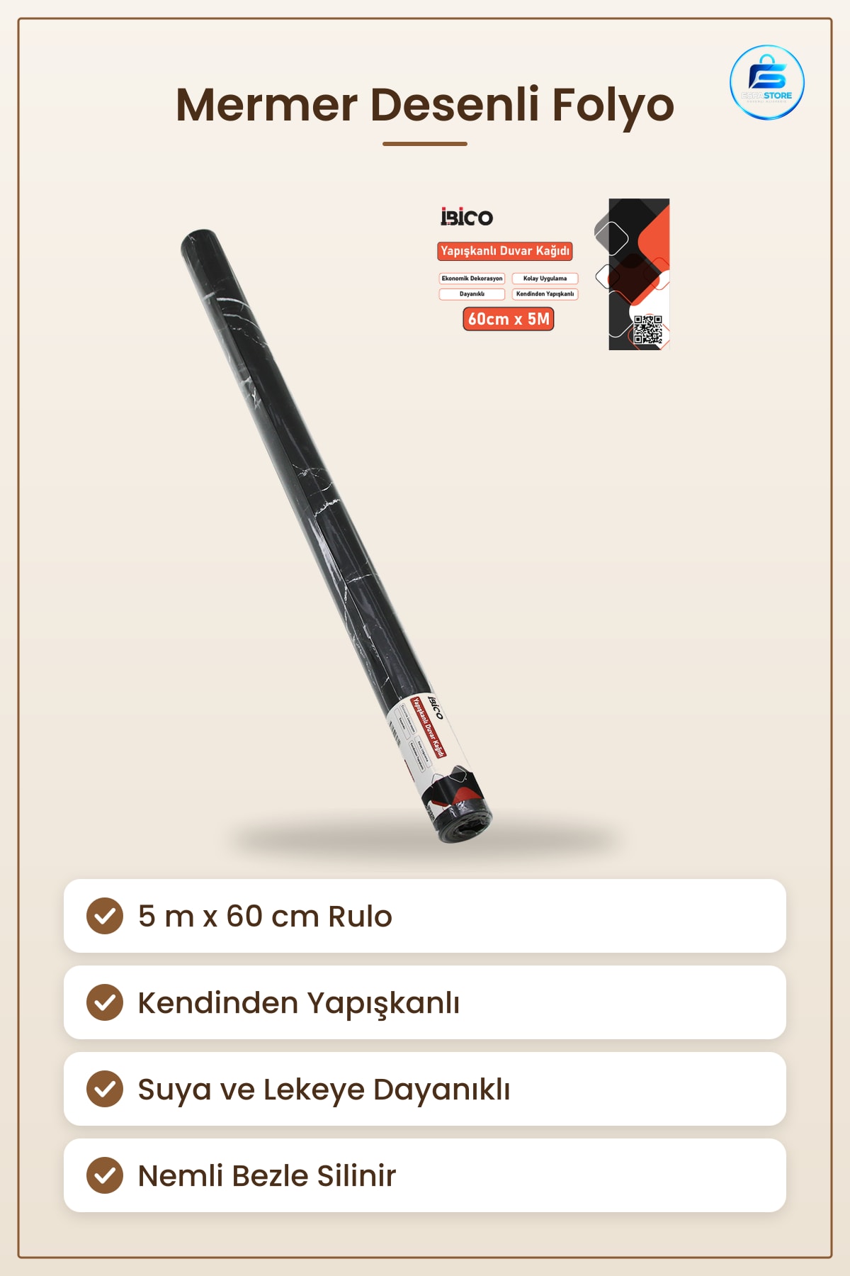Siyah Mermer Desenli Kendinden Yapışkanlı Folyo Sticker 5 m 60 cm Tezgah Mutfak Dolap Duvar Kağıdı