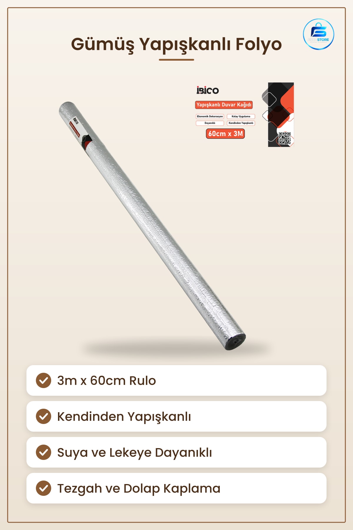 Yapışkanlı Folyo Altüminyum Gümüş Sticker Kendinden 3m x 60cm Tezgah Kaplama Mutfak Dekor