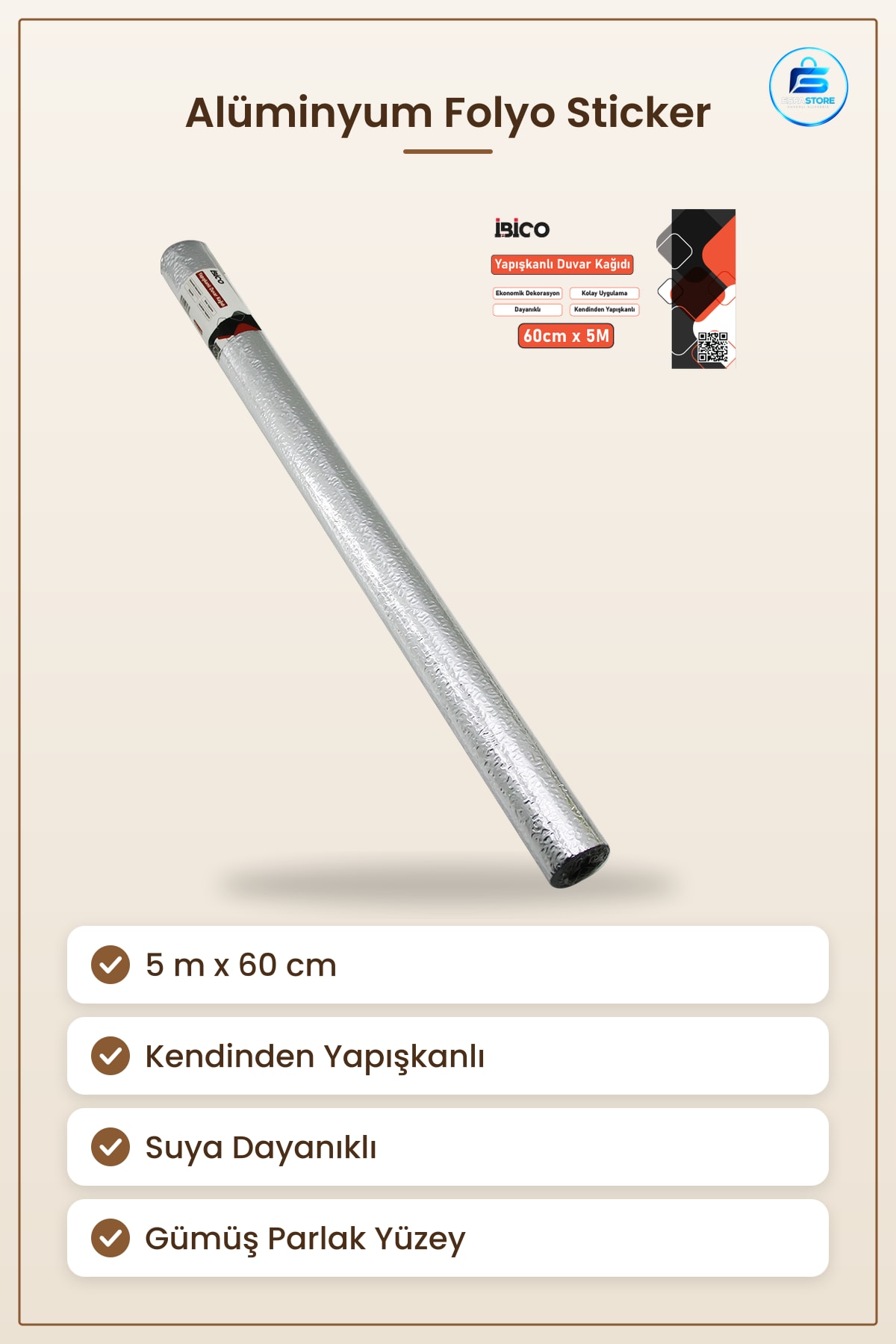 Almünyum Gümüş Folyo Sticker 5 m x 60 cm Kendinden Yapışkanlı Duvar Dekorasyon Tezgah Kaplama