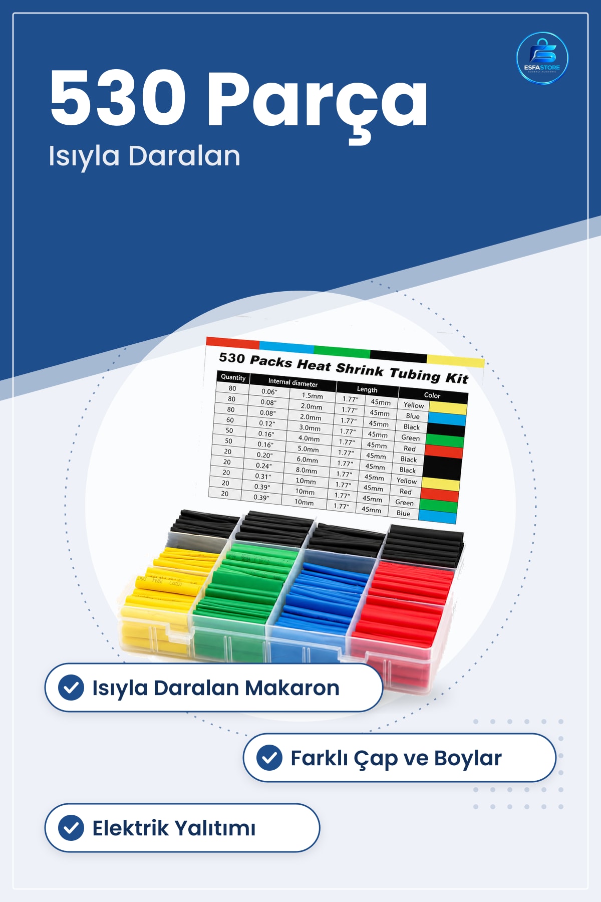 Kablo Makaron Tamir Seti 530 Parça Isıyla Daralan Büçüşen Elektrik İzolasyon Kiti Renkli