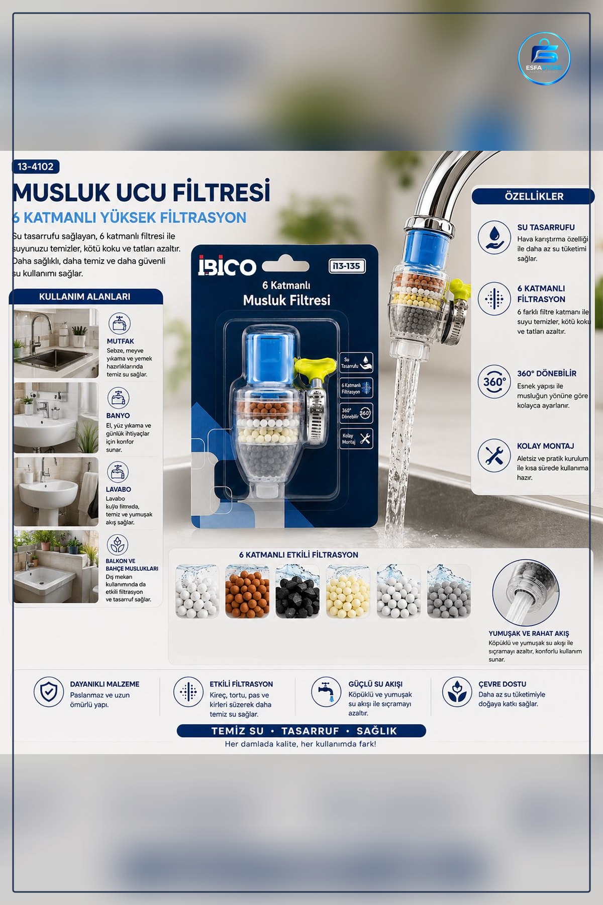 Musluk Ucu Filtre 6 Katmanlı Derece Döner Başlık 19 mm Uyumlu Mutfak Banyo Suyu Filtresi Partikül