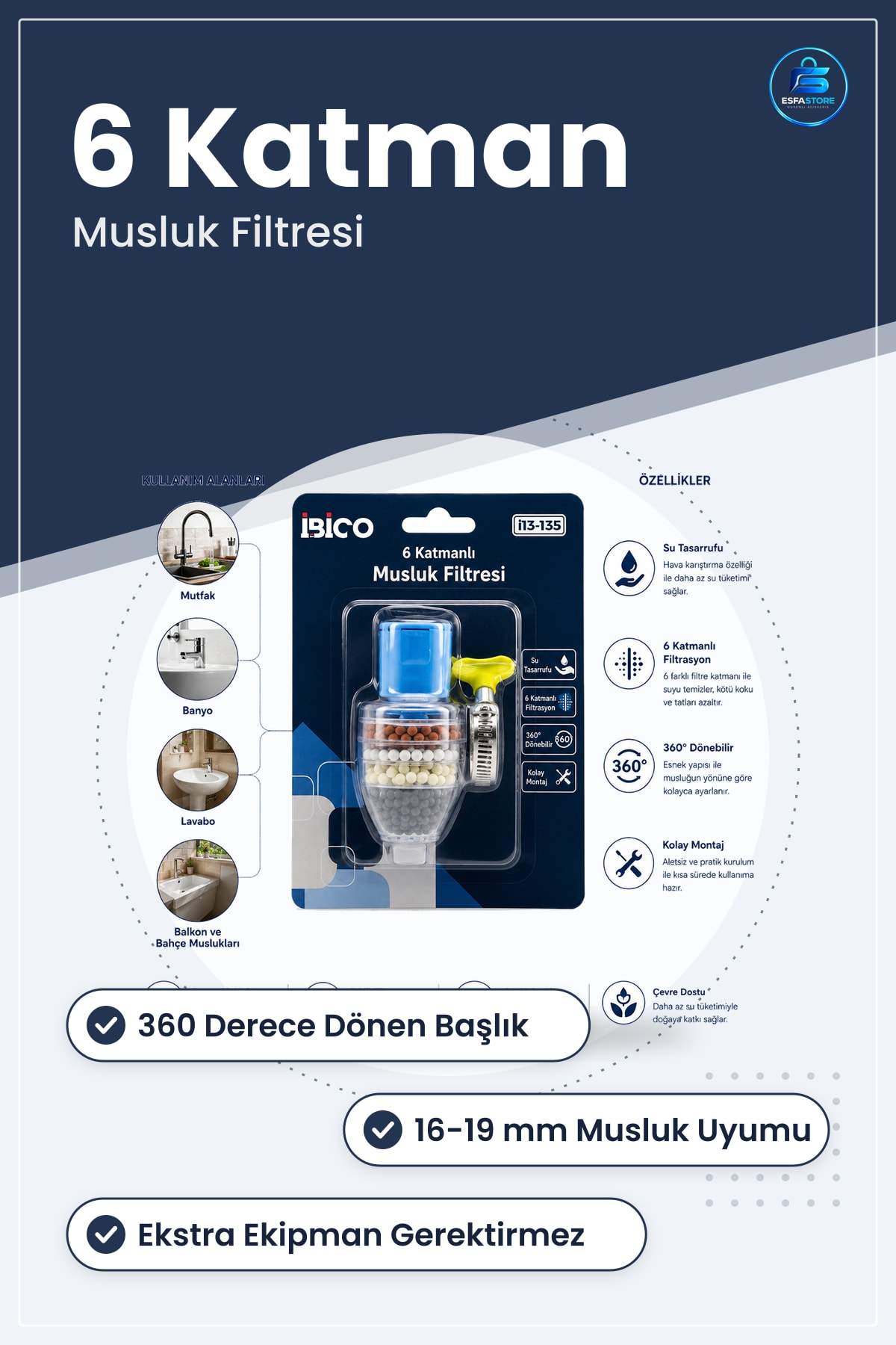 Musluk Ucu Filtre 6 Katmanlı Derece Döner Başlık 19 mm Uyumlu Mutfak Banyo Suyu Filtresi Partikül