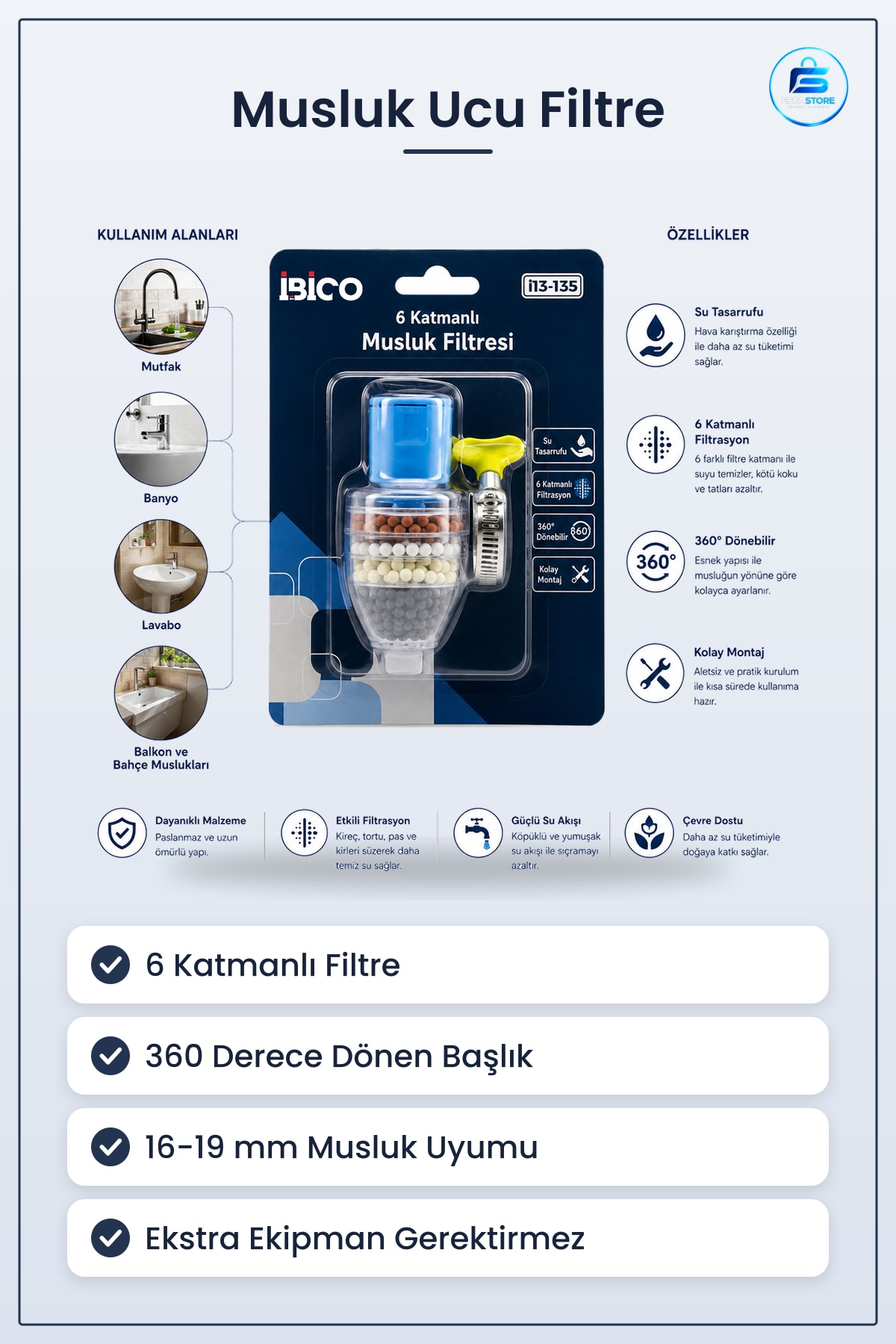 Musluk Ucu Filtre 6 Katmanlı Derece Döner Başlık 19 mm Uyumlu Mutfak Banyo Suyu Filtresi Partikül