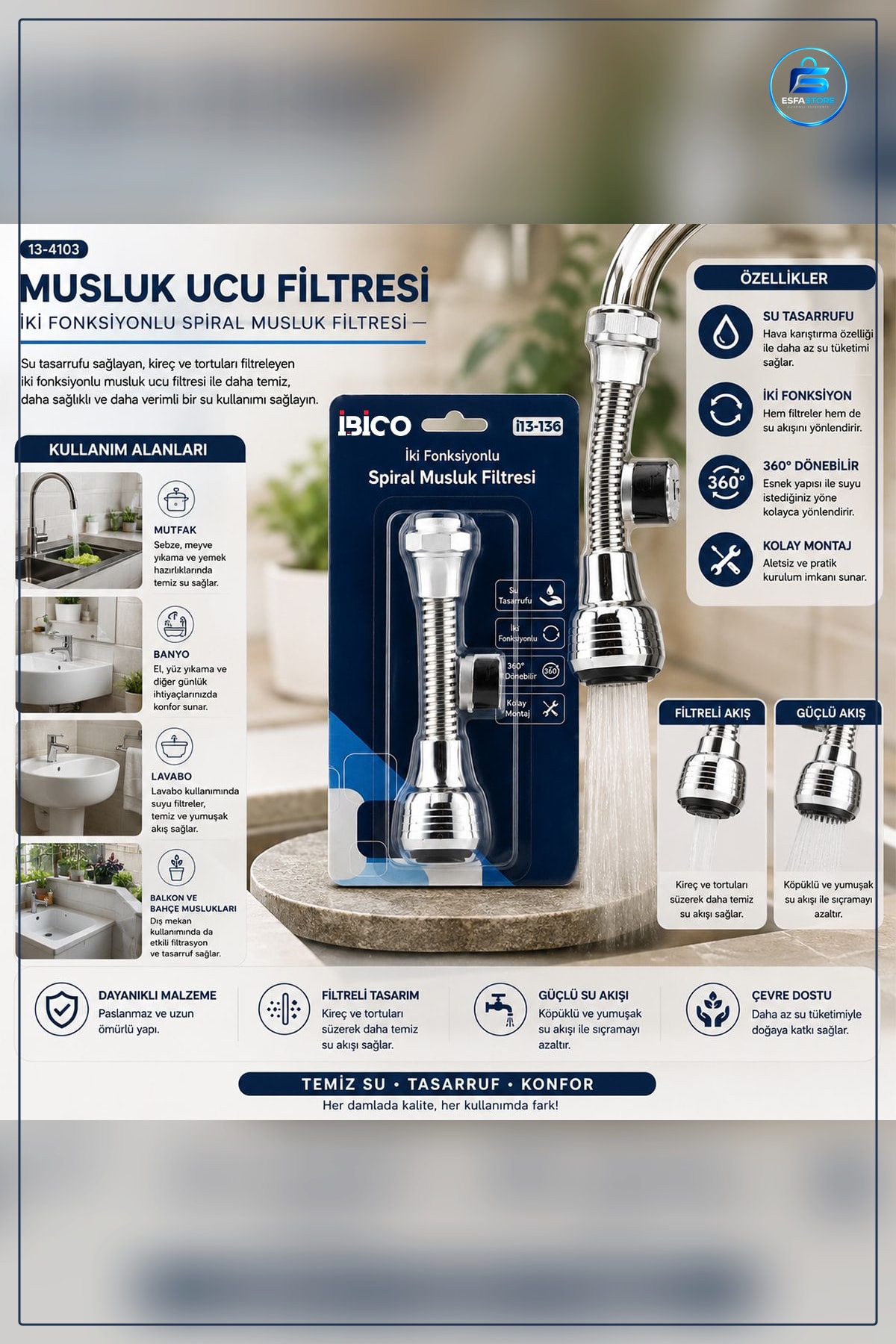 Musluk Ucu Filtresi 2 Fonksiyonlu ° Dönebilen ila 19mm Spiral Mutfak Banyo Başlığı