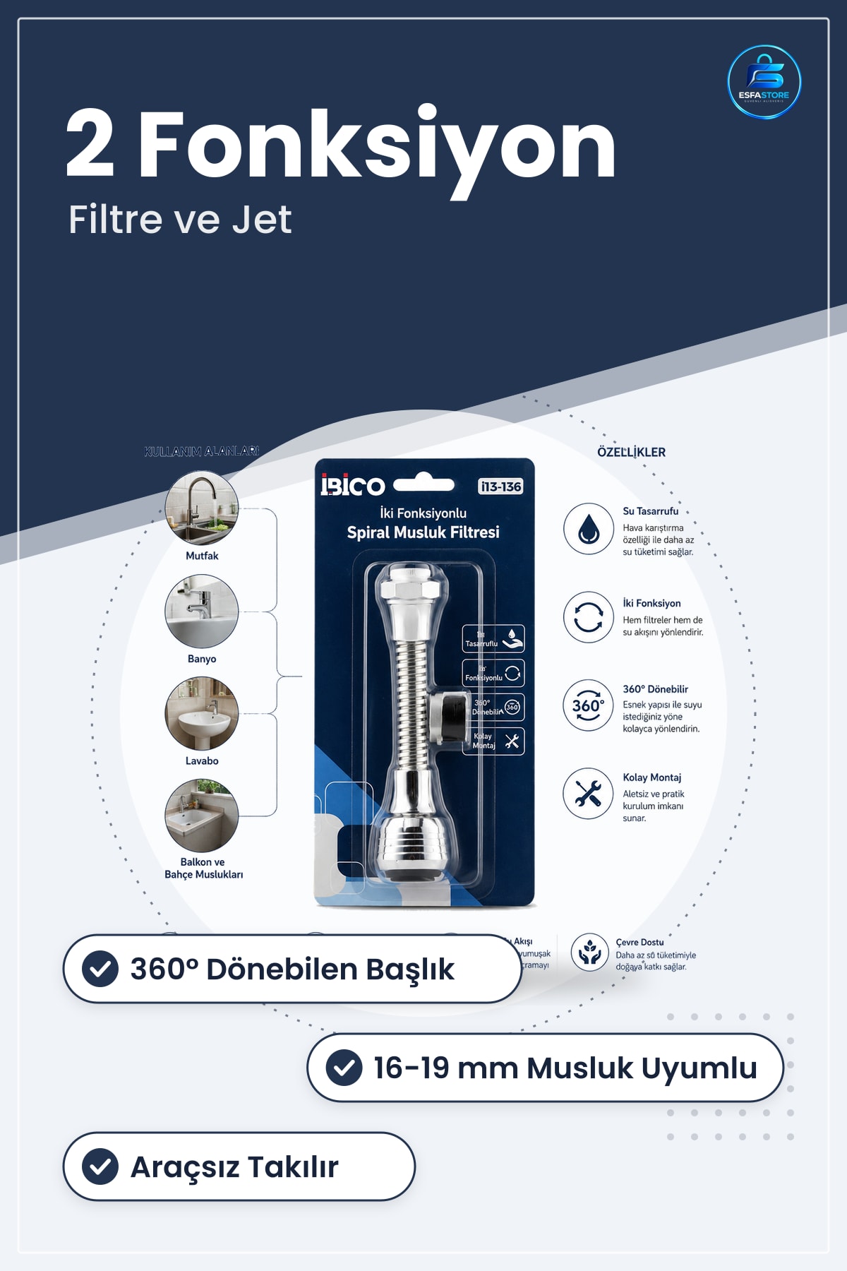 Musluk Ucu Filtresi 2 Fonksiyonlu ° Dönebilen ila 19mm Spiral Mutfak Banyo Başlığı