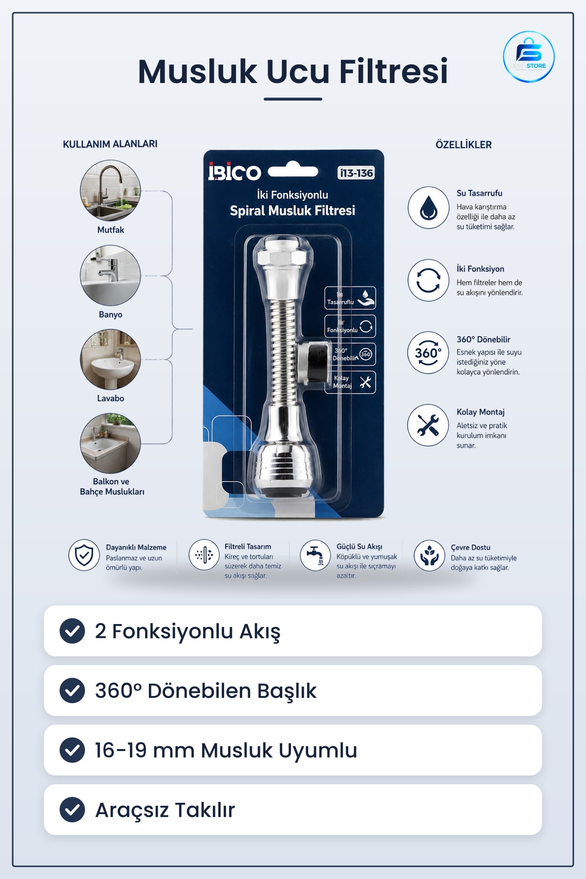 Musluk Ucu Filtresi 2 Fonksiyonlu ° Dönebilen ila 19mm Spiral Mutfak Banyo Başlığı