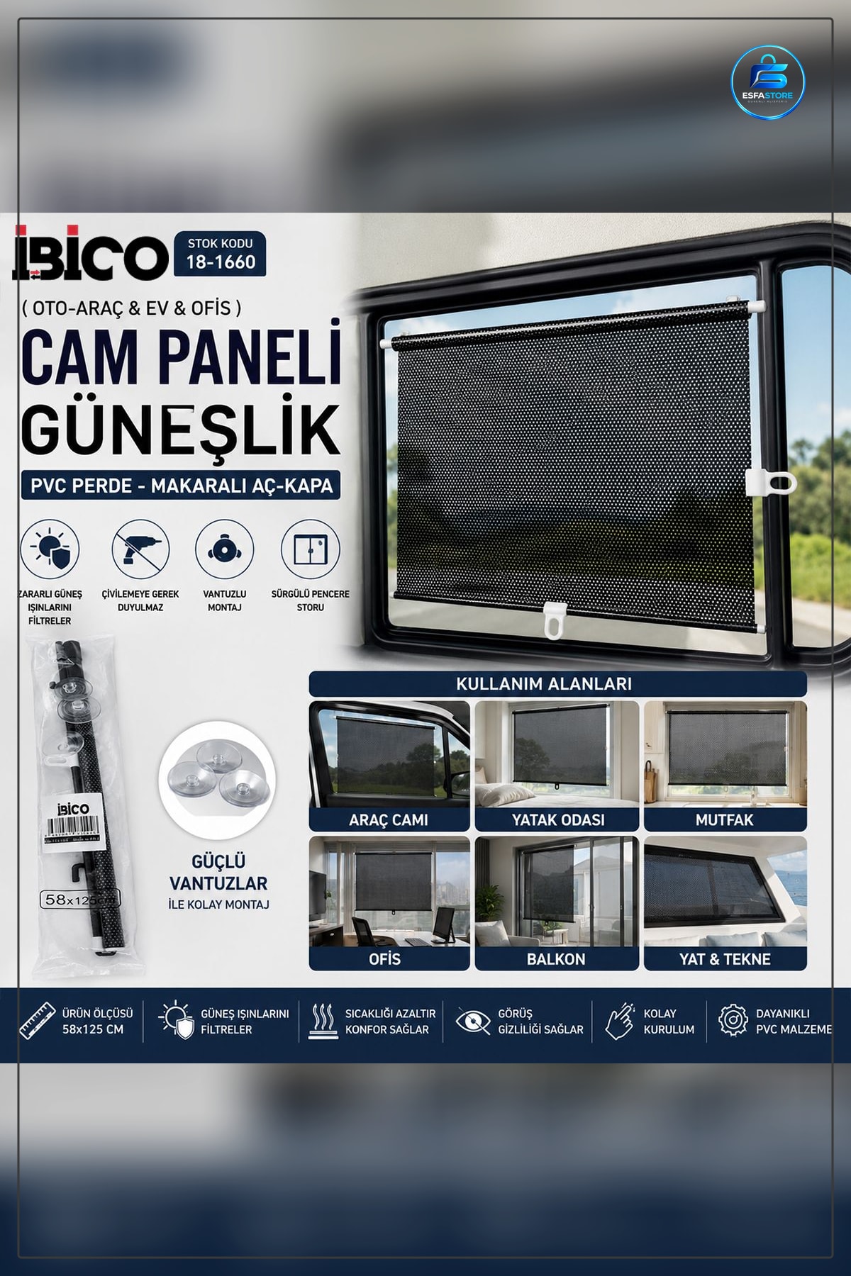Araç Cam Güneşlik 58x125 cm PVC Makaralı Vantuzlu Oto Perde Yan Kullanışlı Dayanıklı
