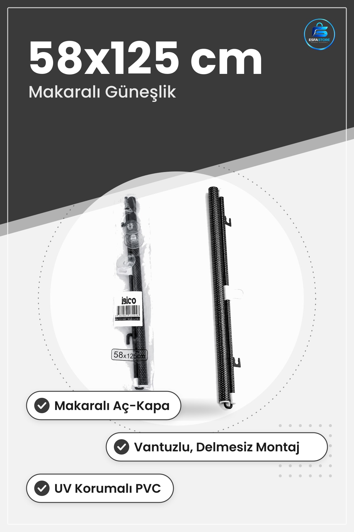 Araç Cam Güneşlik 58x125 cm PVC Makaralı Vantuzlu Oto Perde Yan Kullanışlı Dayanıklı