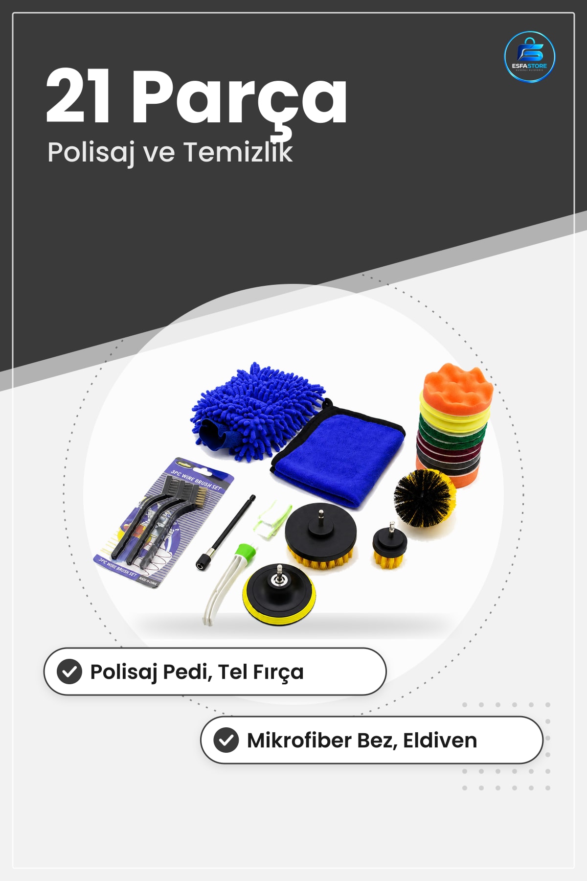 Oto Bakım Seti 21 Parça Hırdavat Polisaj Pedi Tel Fırça Mikrofiber Bez Eldiven Temizlik