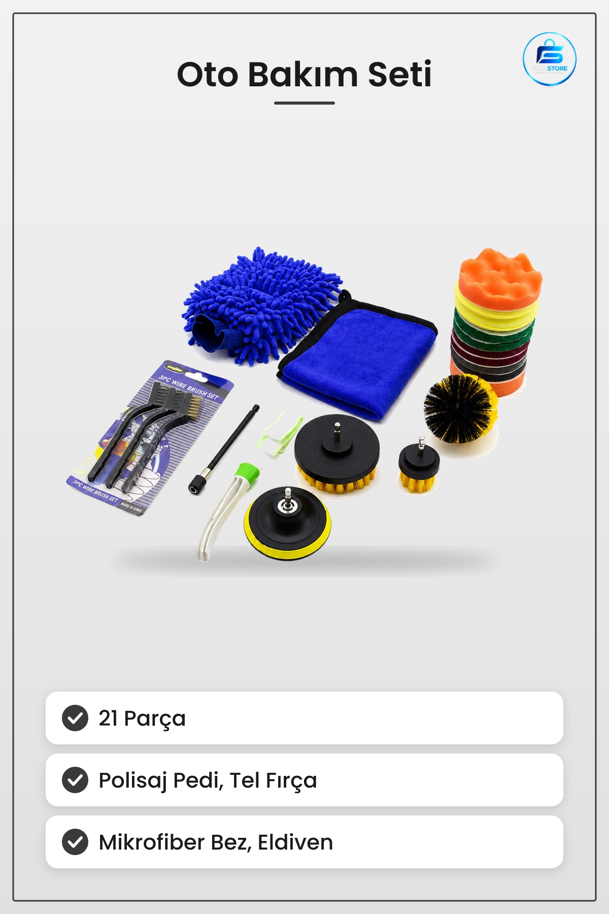Oto Bakım Seti 21 Parça Hırdavat Polisaj Pedi Tel Fırça Mikrofiber Bez Eldiven Temizlik