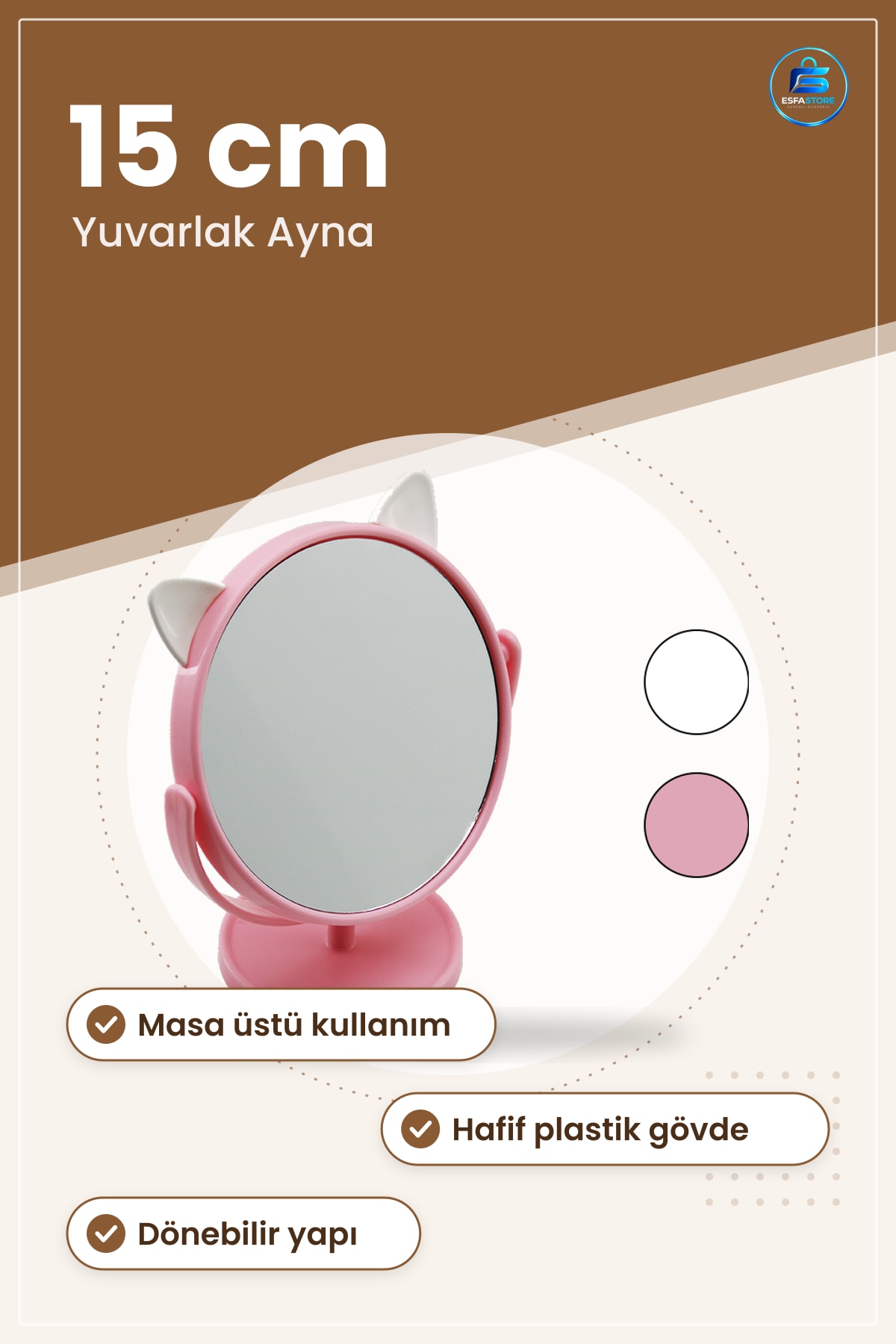 Ayaklı Yuvarlak Plastik Makyaj Aynası 15 cm Masa Üstü Dönebilir Hafif Taşınabilir Pembe Kulaklı Ayna