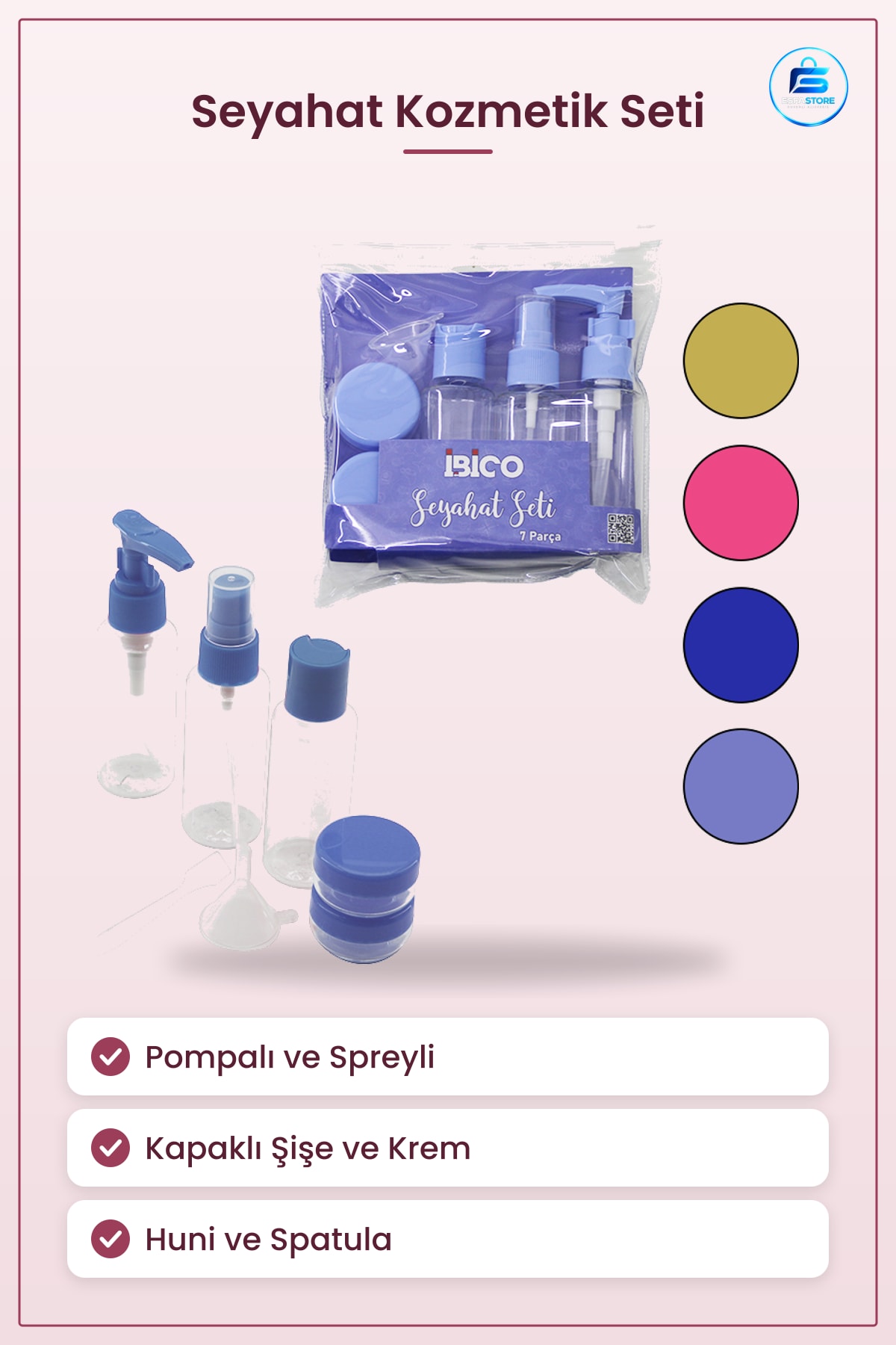 Seyahat Kozmetik Seti Makyaj Çantası Pompalı Spreyli Kapaklı Şişe Krem Kutusu Huni Spatula