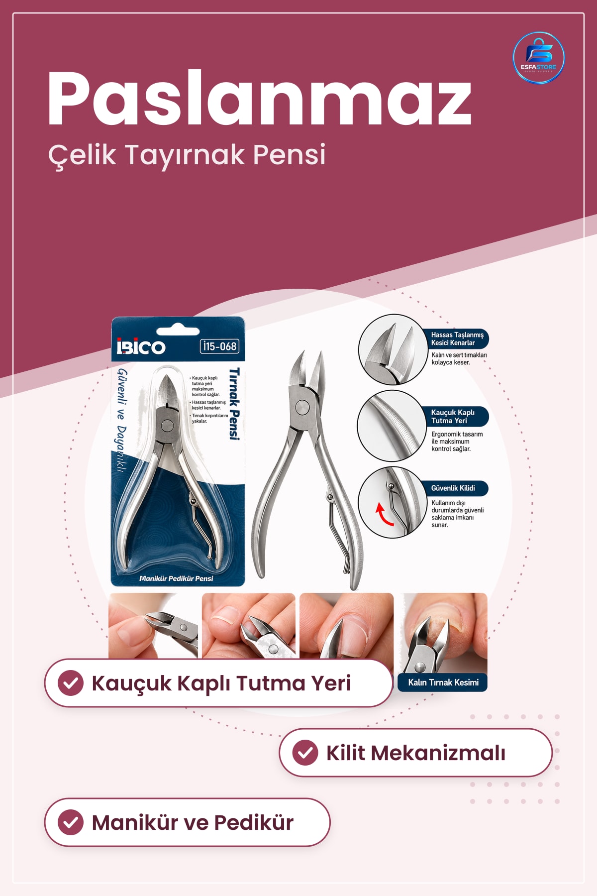 Tayırnak Pensi Paslanmaz Çelik Manikür Pedikür Eti Kesici Güvenlik Kilitli Kauçuk Kaplı Tutma Yeri