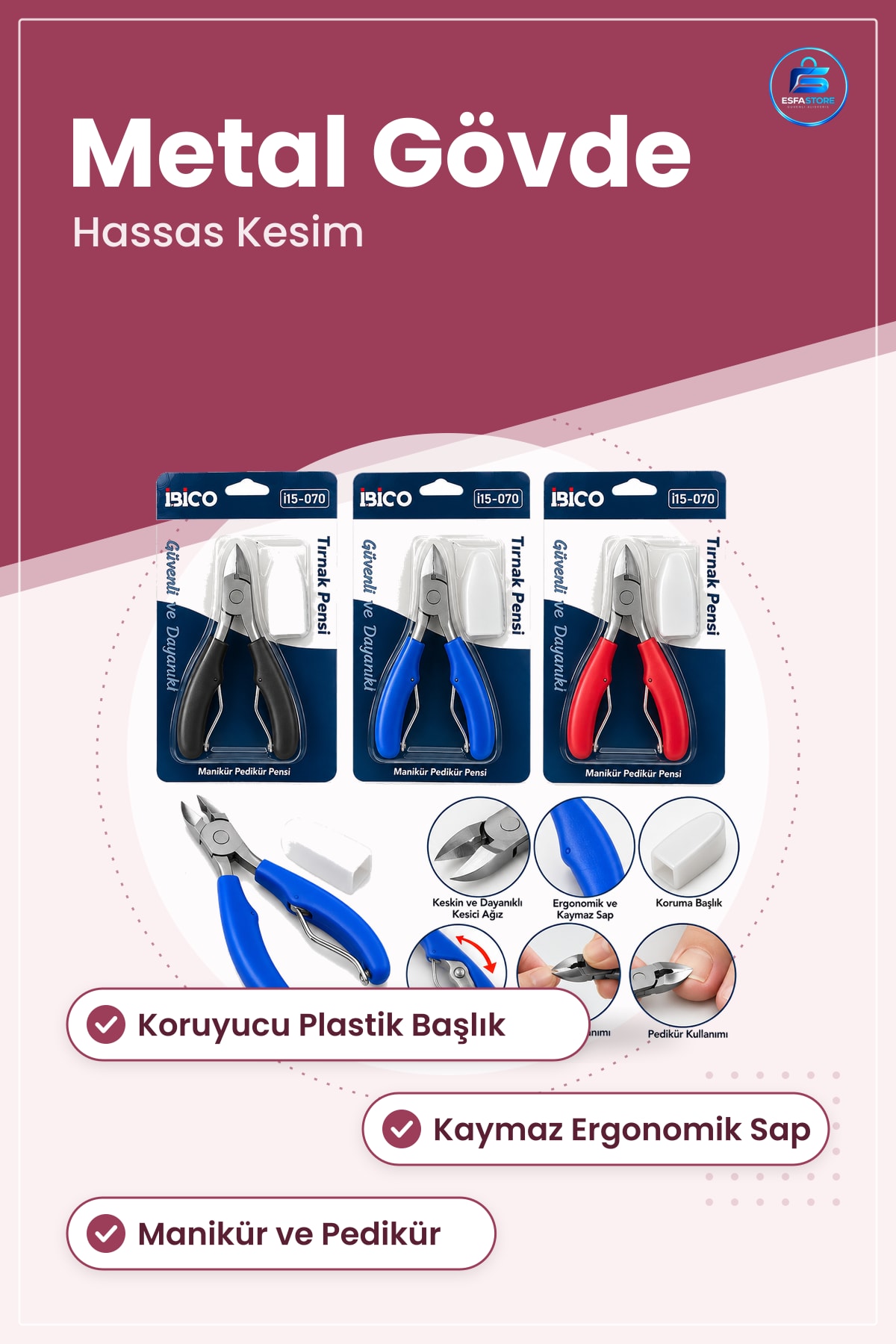 Tırnak Eti Pensi Pedikür Manikür Metal Gövdeli Koruyucu Başlıklı Ergonomik Kaymaz Sap Bakım