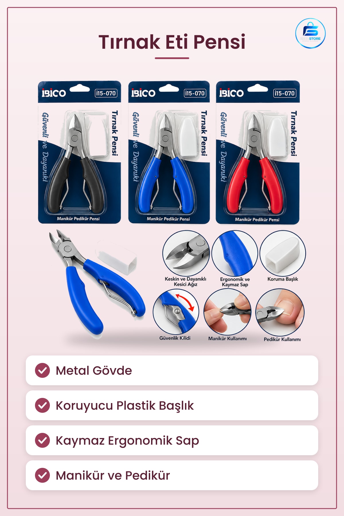 Tırnak Eti Pensi Pedikür Manikür Metal Gövdeli Koruyucu Başlıklı Ergonomik Kaymaz Sap Bakım