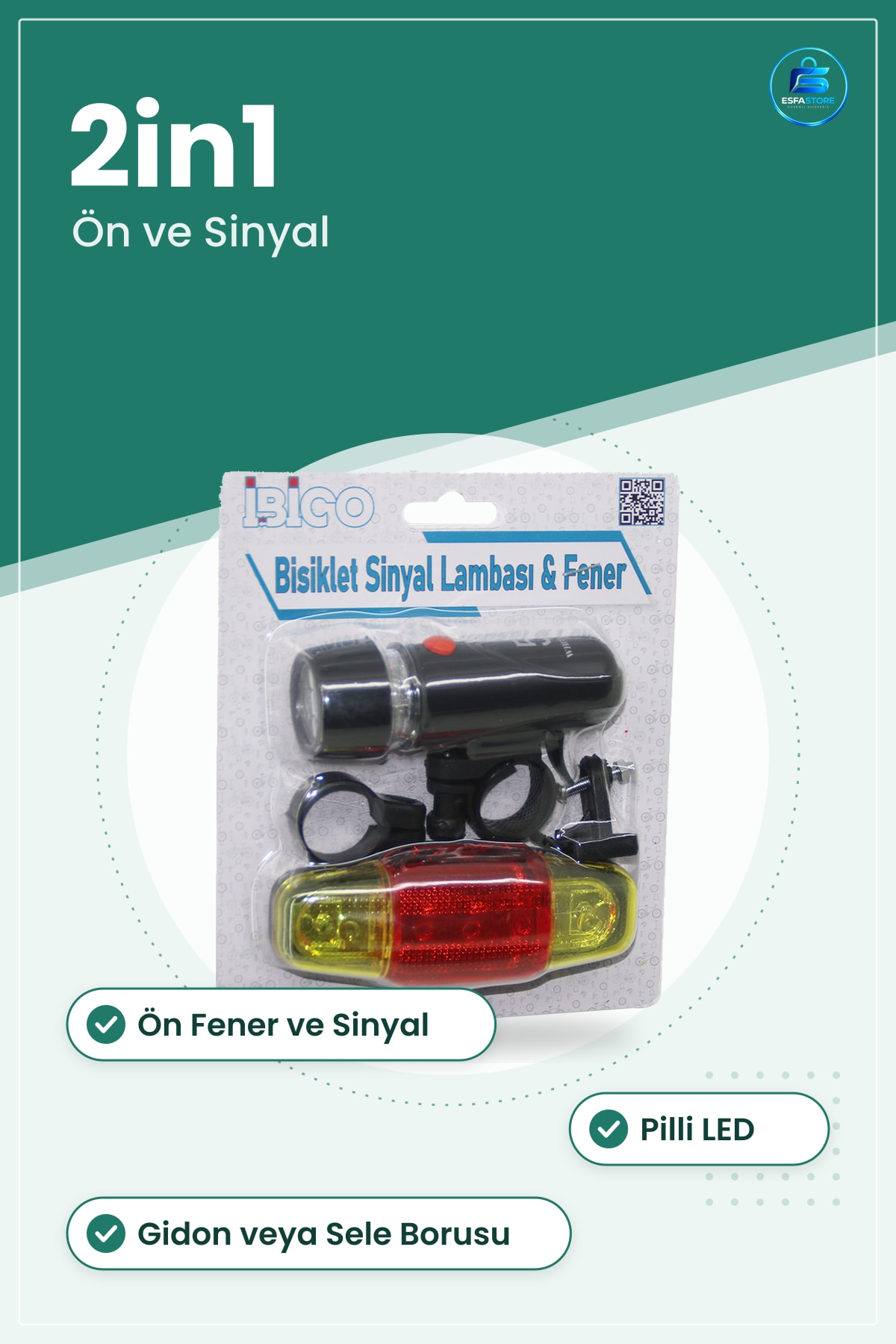 Bisiklet Feneri ve Sinyal Lambası 2in1 Pilli LED Ön Arka Görünürlük Seti Kelepçeli
