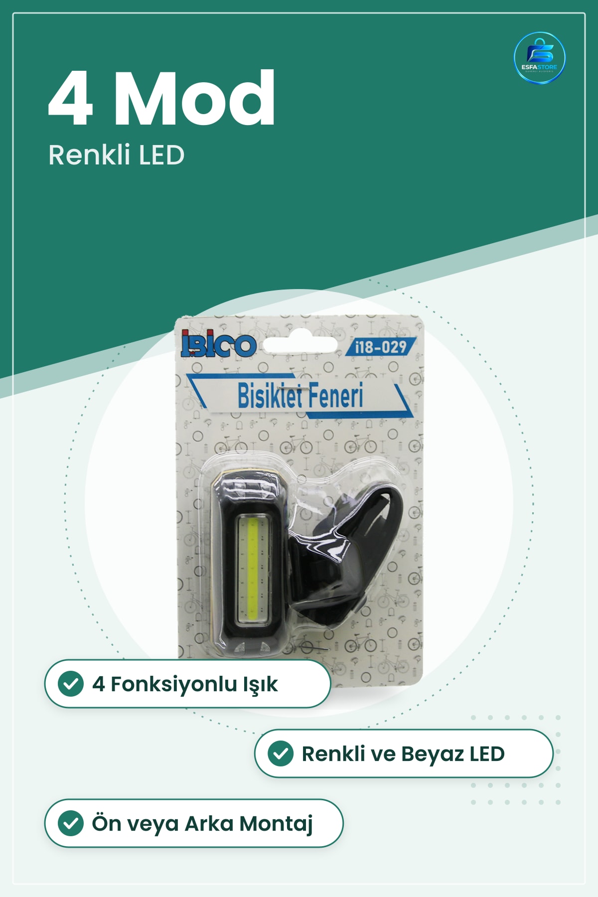 Bisiklet Feneri Pilli 4 Fonksiyonlu Renkli ve Beyaz LED Ön Arka Görünürlük Kelepu00e7eli Işık Lambaı