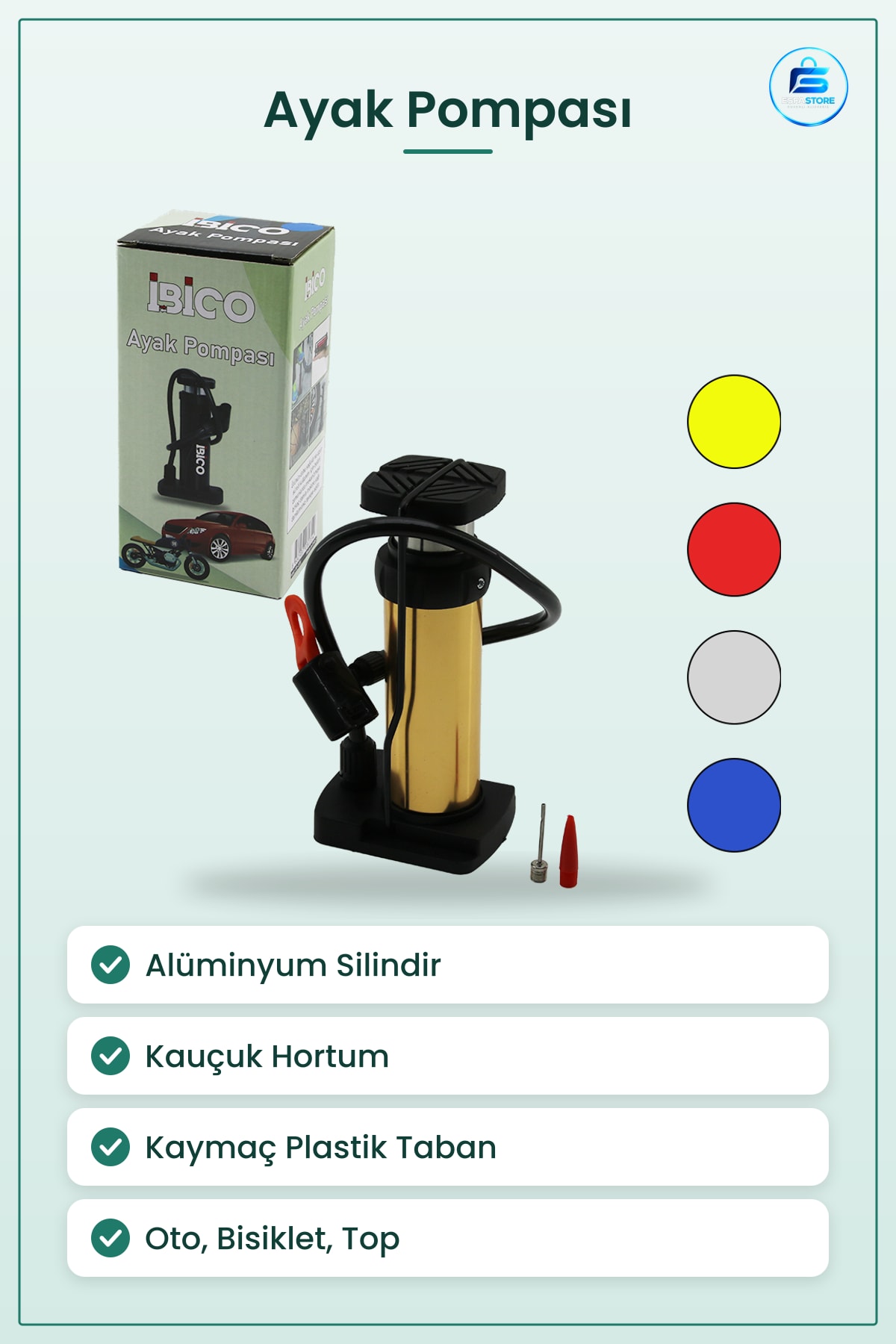 Dikey İnce Pistonlu Ayak Pompası Oto Bisiklet Top Hava Metal Silindir Kauçuk Hortum Adäptörlü