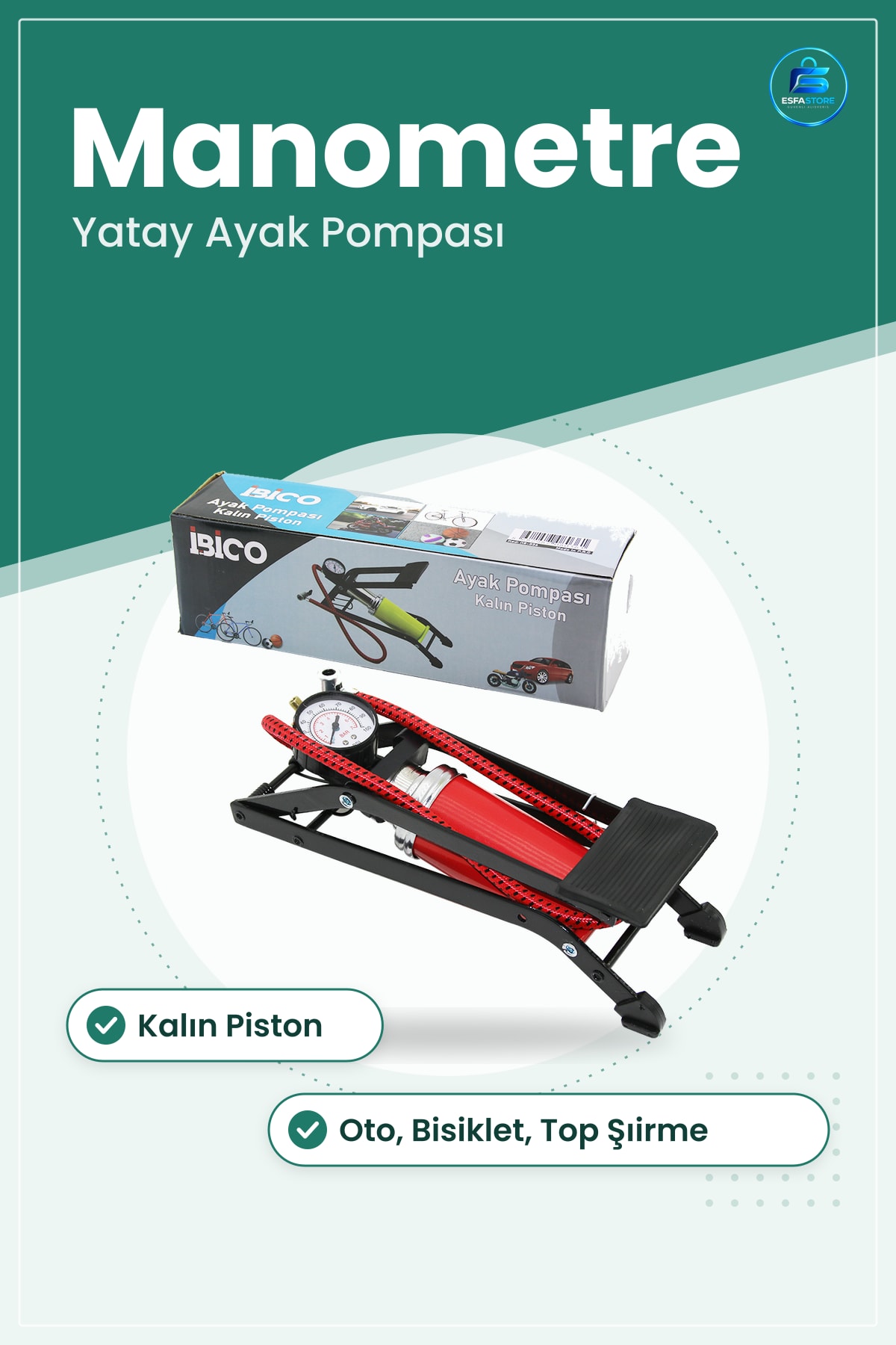 Ayak Pompası Kalın Pistonlu Yatay Manometreli Oto Bisiklet Motor Lastik Top Şişme Şişirme