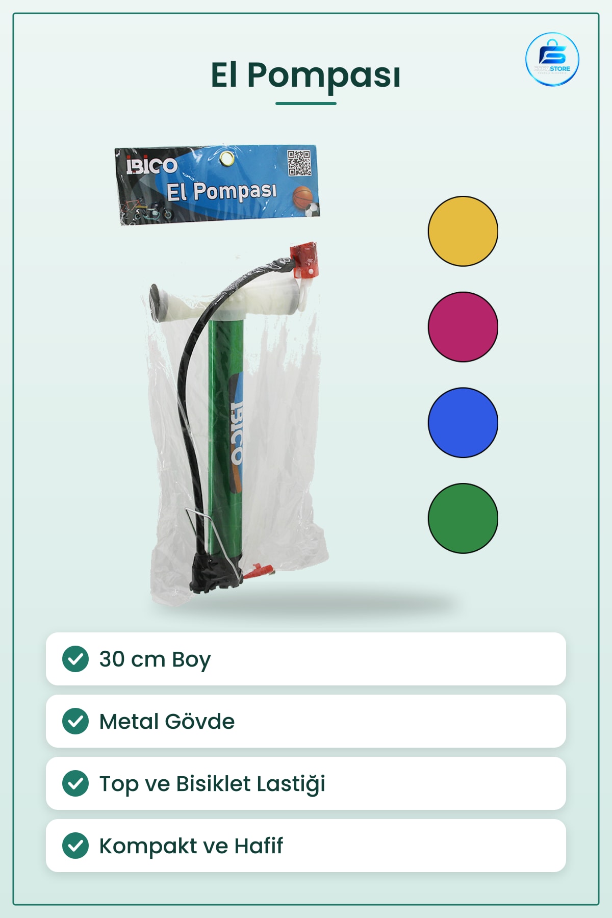 El Pompası 30 cm Metal Gövdeli Top Bisiklet Motor Şişirme Hafif Taşınabilir Kompakt