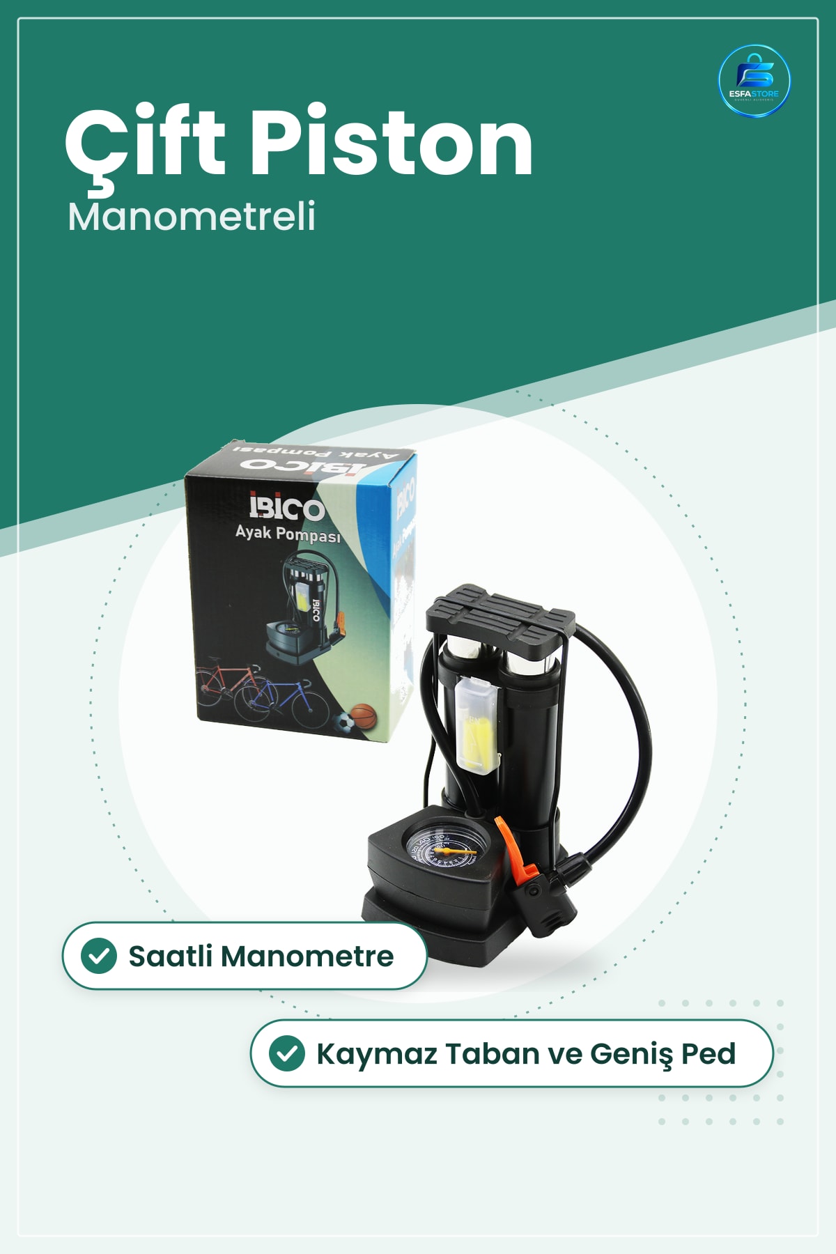 Saatli Manometreli Çift Pistonlu Ayak Şişirme Pompası Bisiklet Araba Lastik Top Havuz