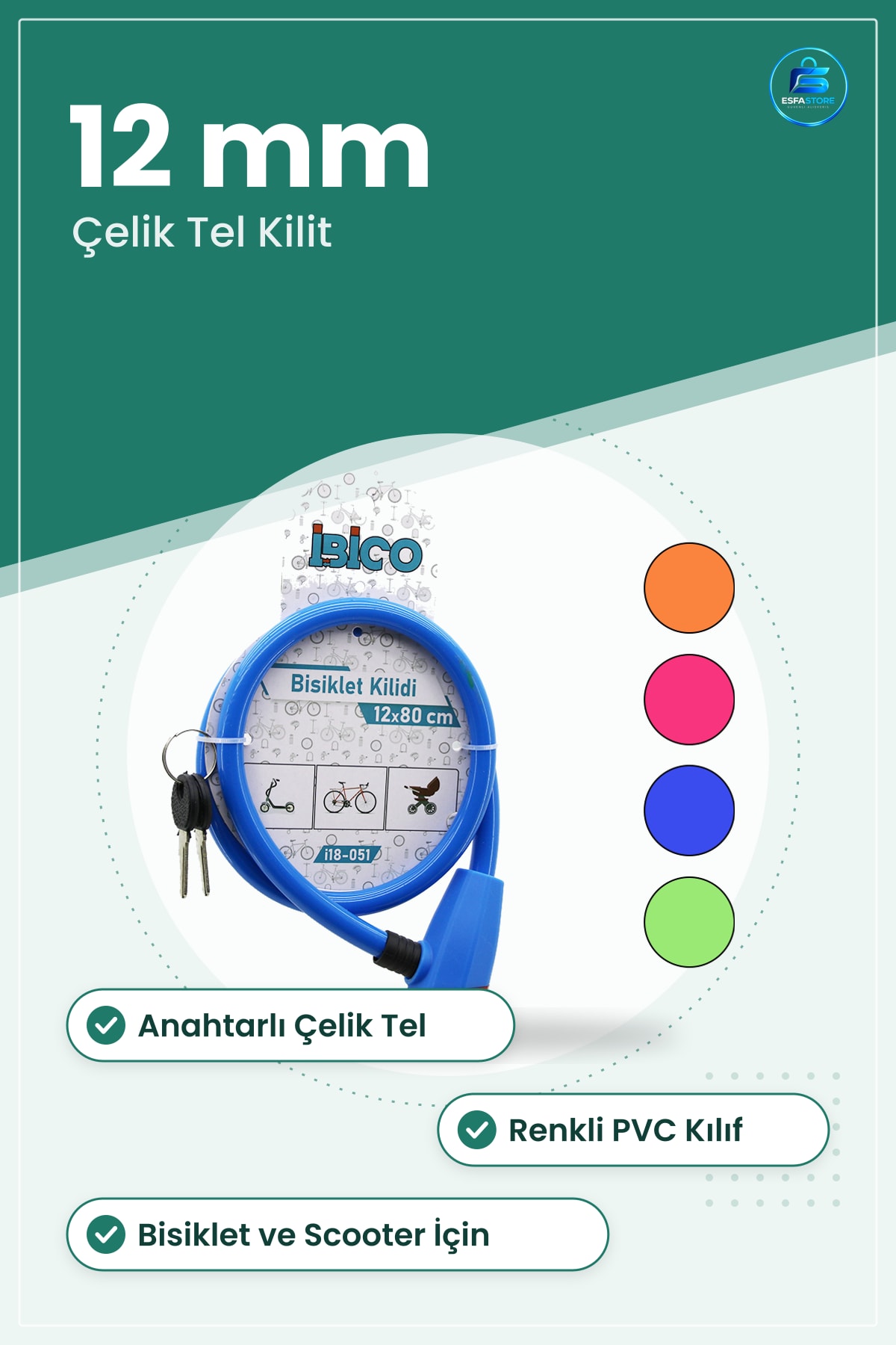 Bisiklet Kilidi Anahtarlı Çelik Tel 12 mm x 80 cm Scooter Kilit Renkli PVC Kılıf Park Ev