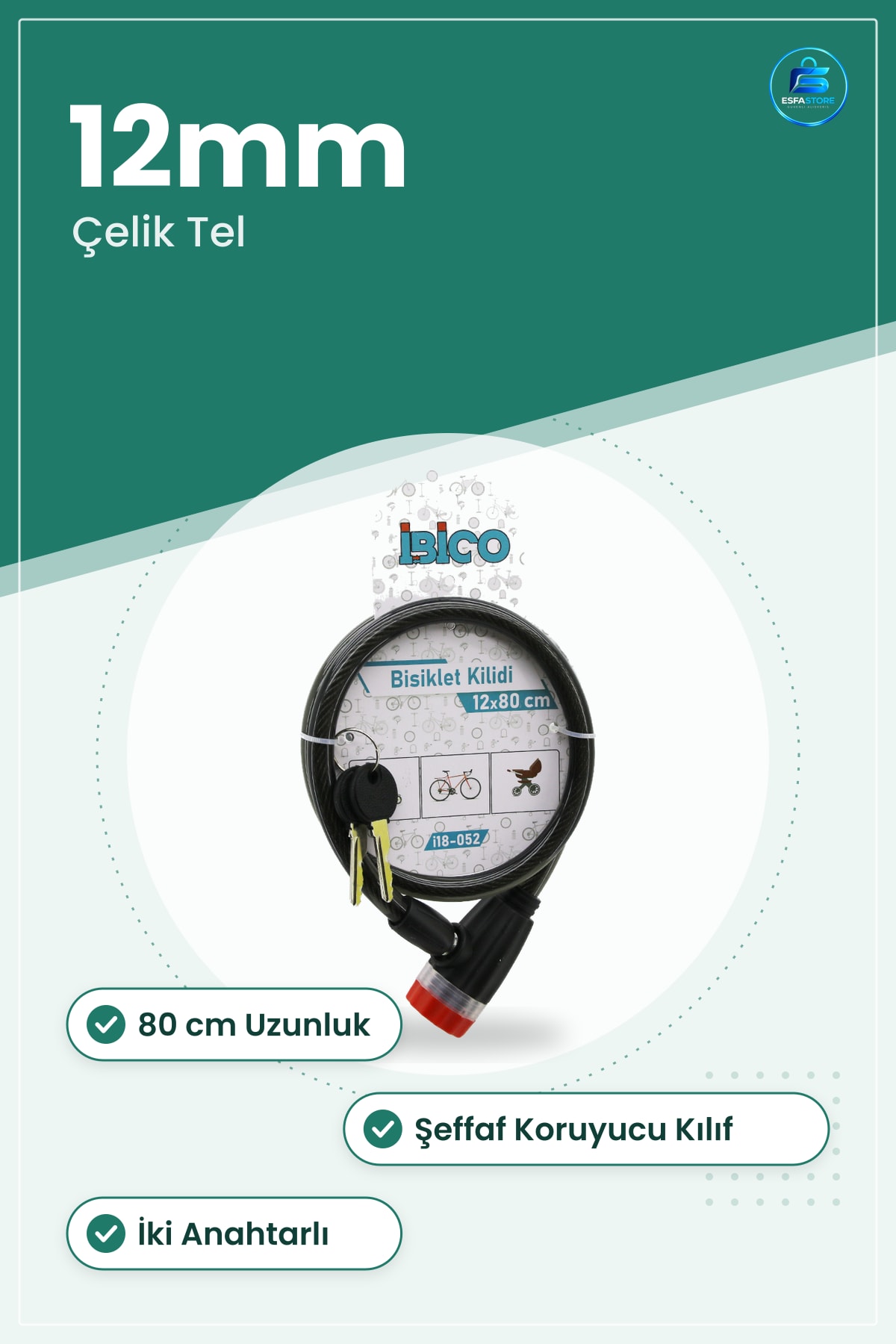 Bisiklet Kilidi Anahtarlı Çelik Tel 12mm x 80cm Şeffaf Kılıflı Güvenli Park Aksesuar