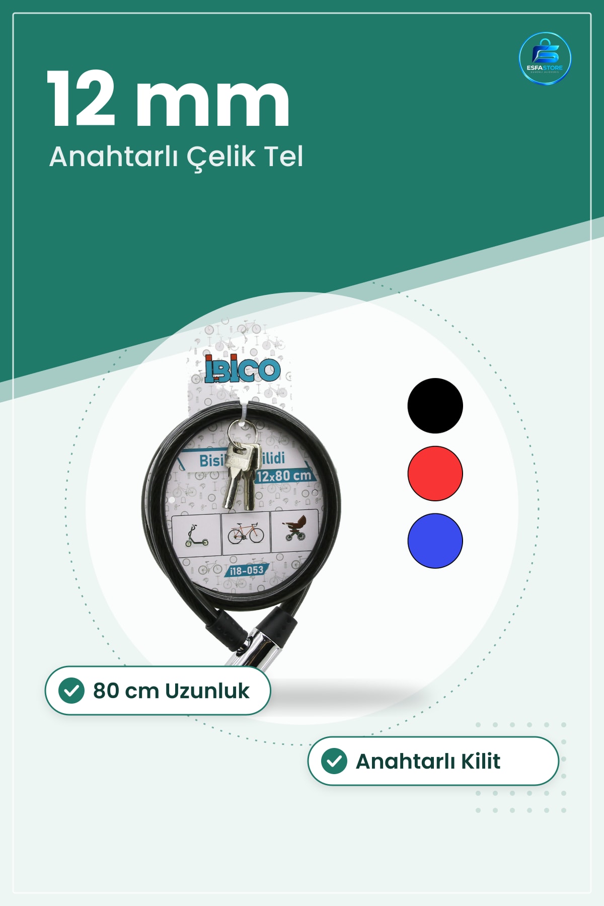 Anahtarlı Çelik Tel Bisiklet Kilidi 12 mm x 80 cm Siyah PVC Klıf Scooter Hırsızlık Korumalı Kablo
