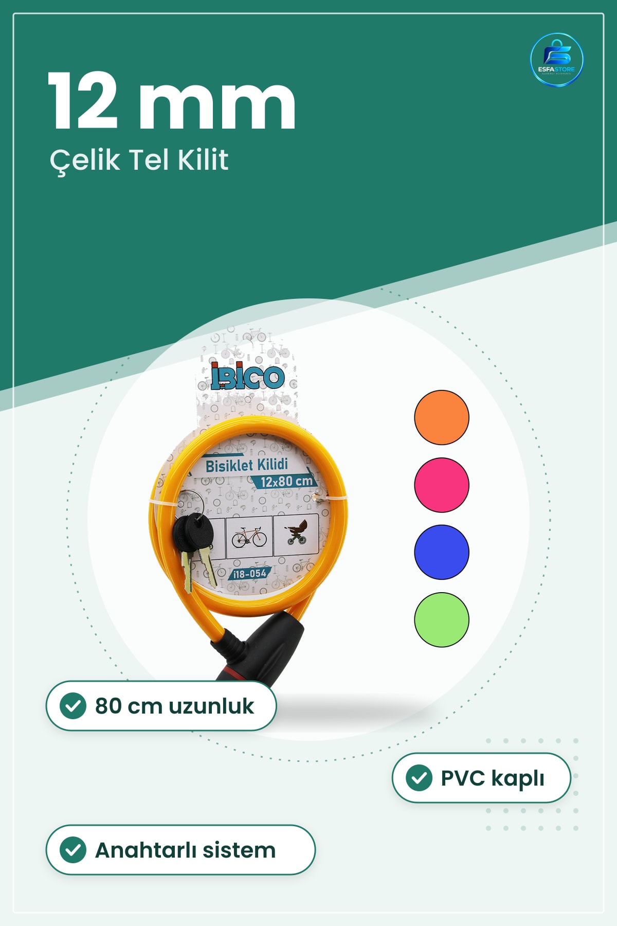 Bisiklet Kilidi Çelik Tel 12 mm x 80 cm Anahtarlı PVC Kaplı Güvenli Park ve Koruma