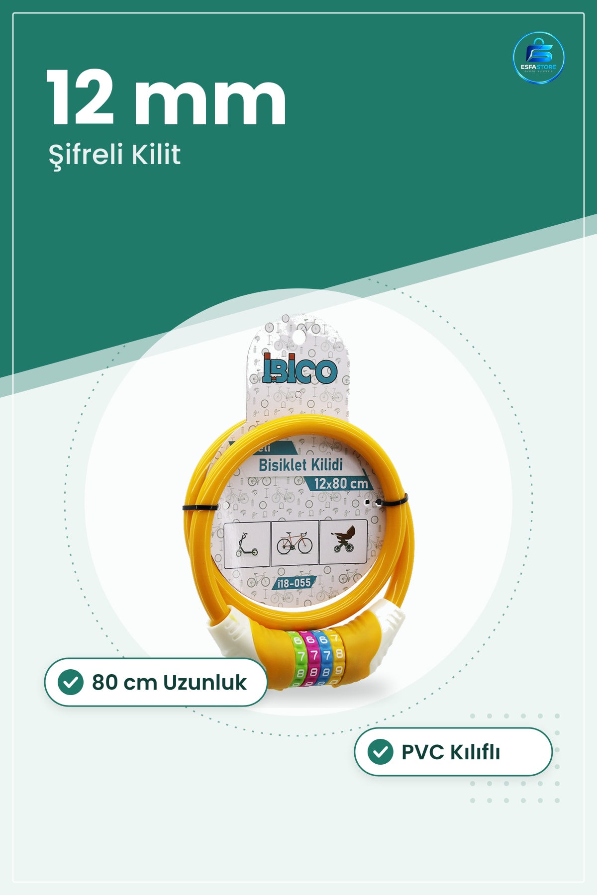 Bisiklet Kilidi 12mm x 80cm Şifreli Çelik Tel PVC Kılıflı Scooter Elektrikli Araç Bağlama
