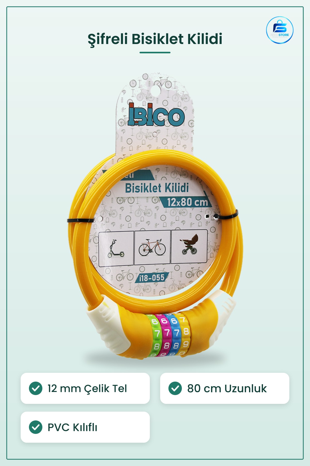Bisiklet Kilidi 12mm x 80cm Şifreli Çelik Tel PVC Kılıflı Scooter Elektrikli Araç Bağlama