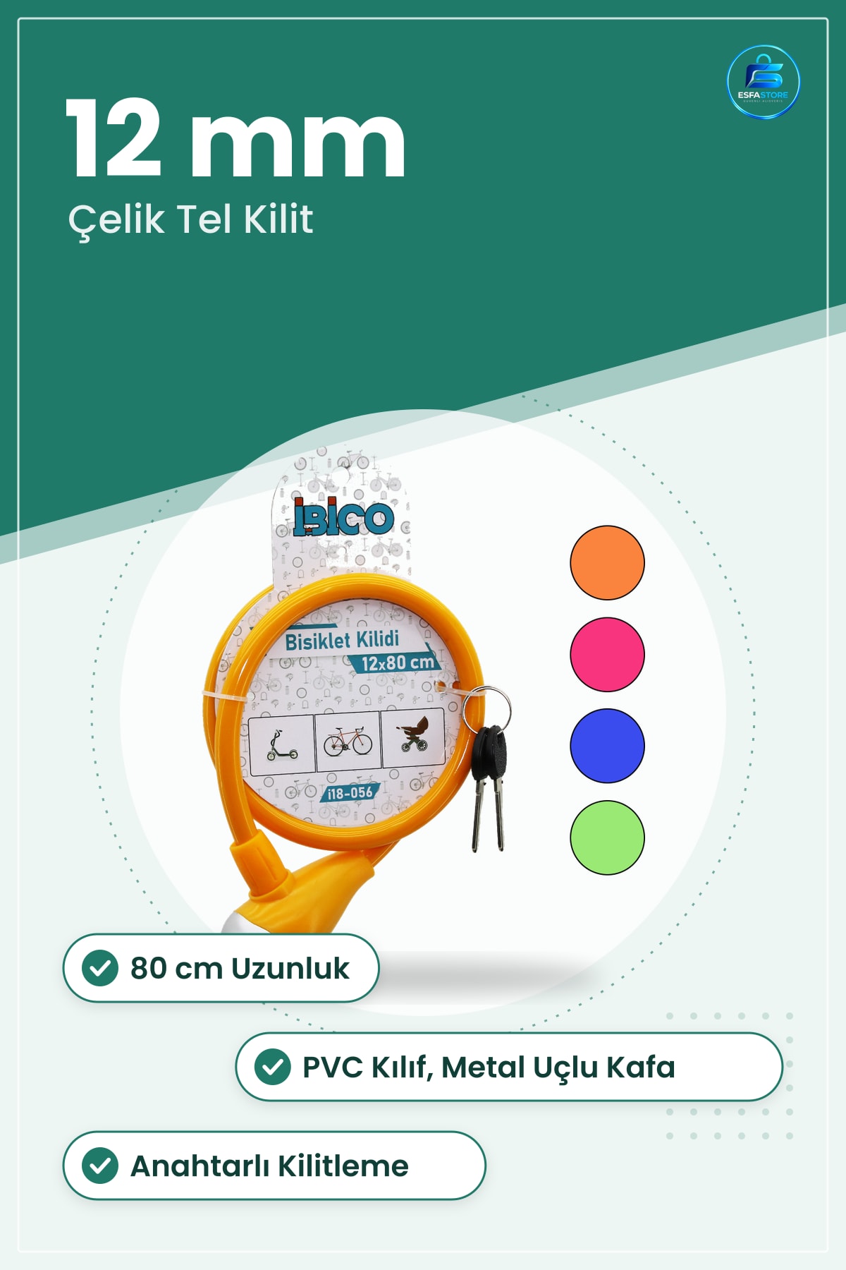 Bisiklet Kilidi Anahtarlı Çelik Tel 12 mm x 80 cm PVC Kılıflı Scooter Elektrikli Güvenlik