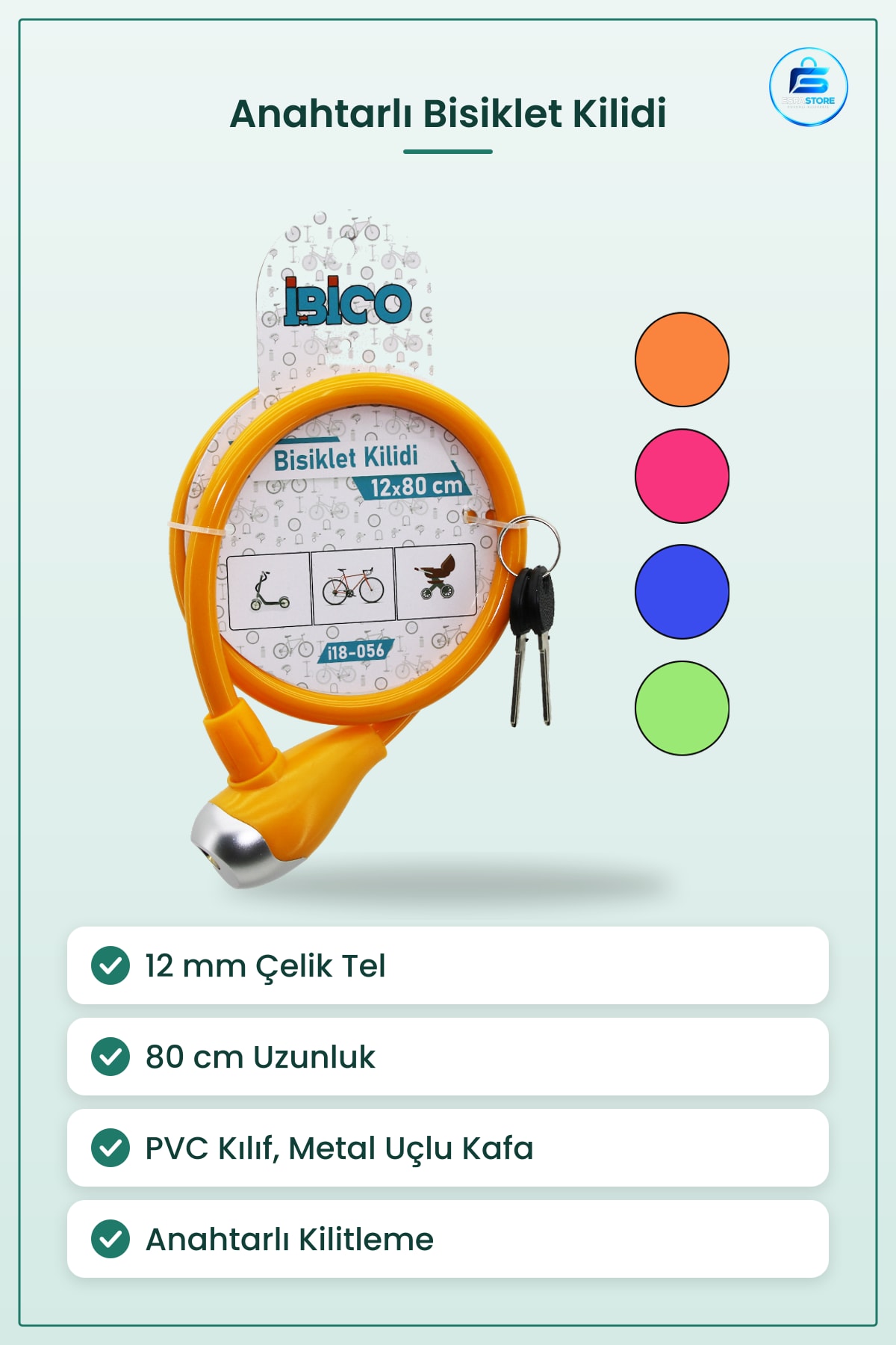 Bisiklet Kilidi Anahtarlı Çelik Tel 12 mm x 80 cm PVC Kılıflı Scooter Elektrikli Güvenlik