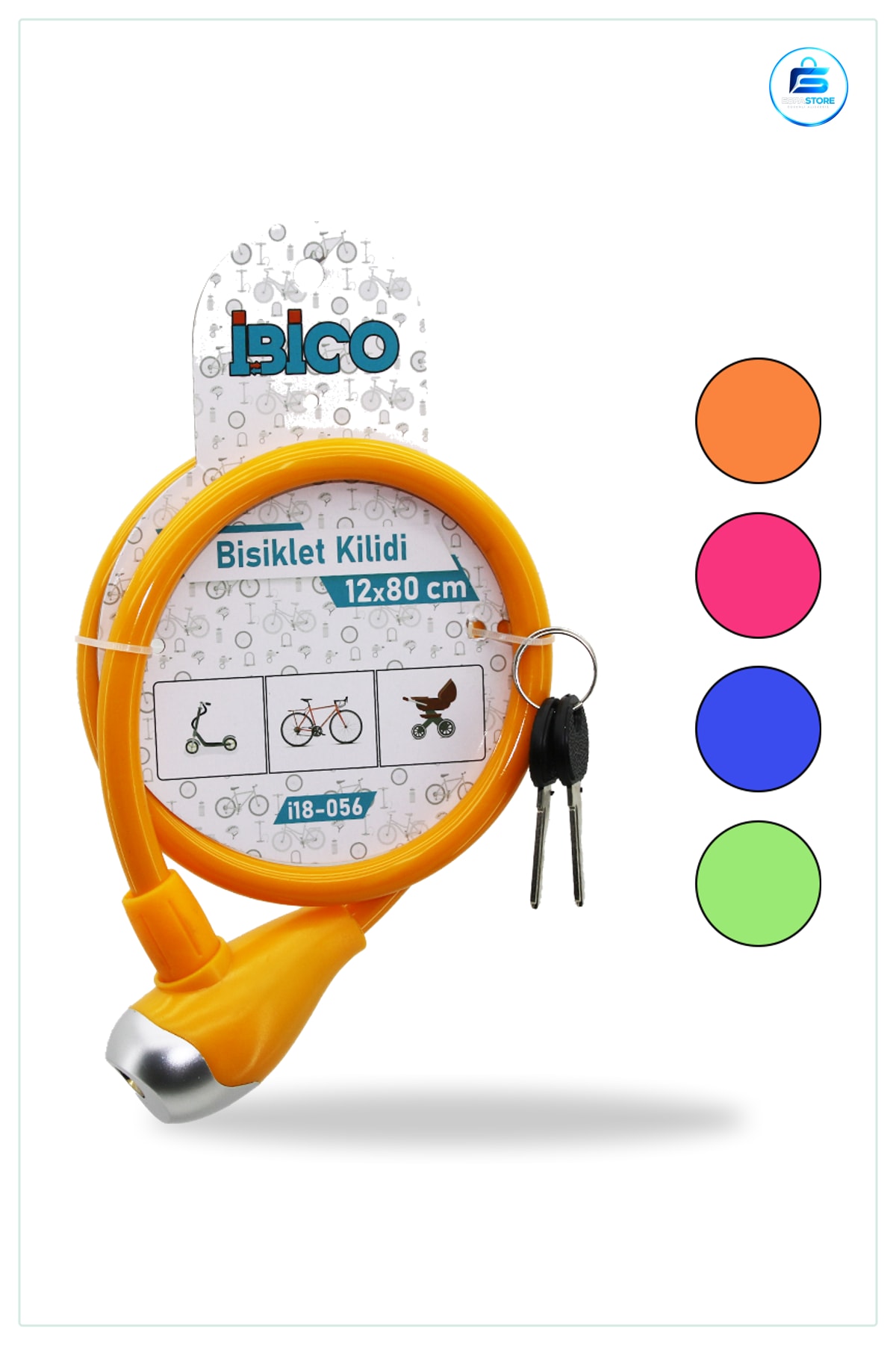 Bisiklet Kilidi Anahtarlı Çelik Tel 12 mm x 80 cm PVC Kılıflı Scooter Elektrikli Güvenlik