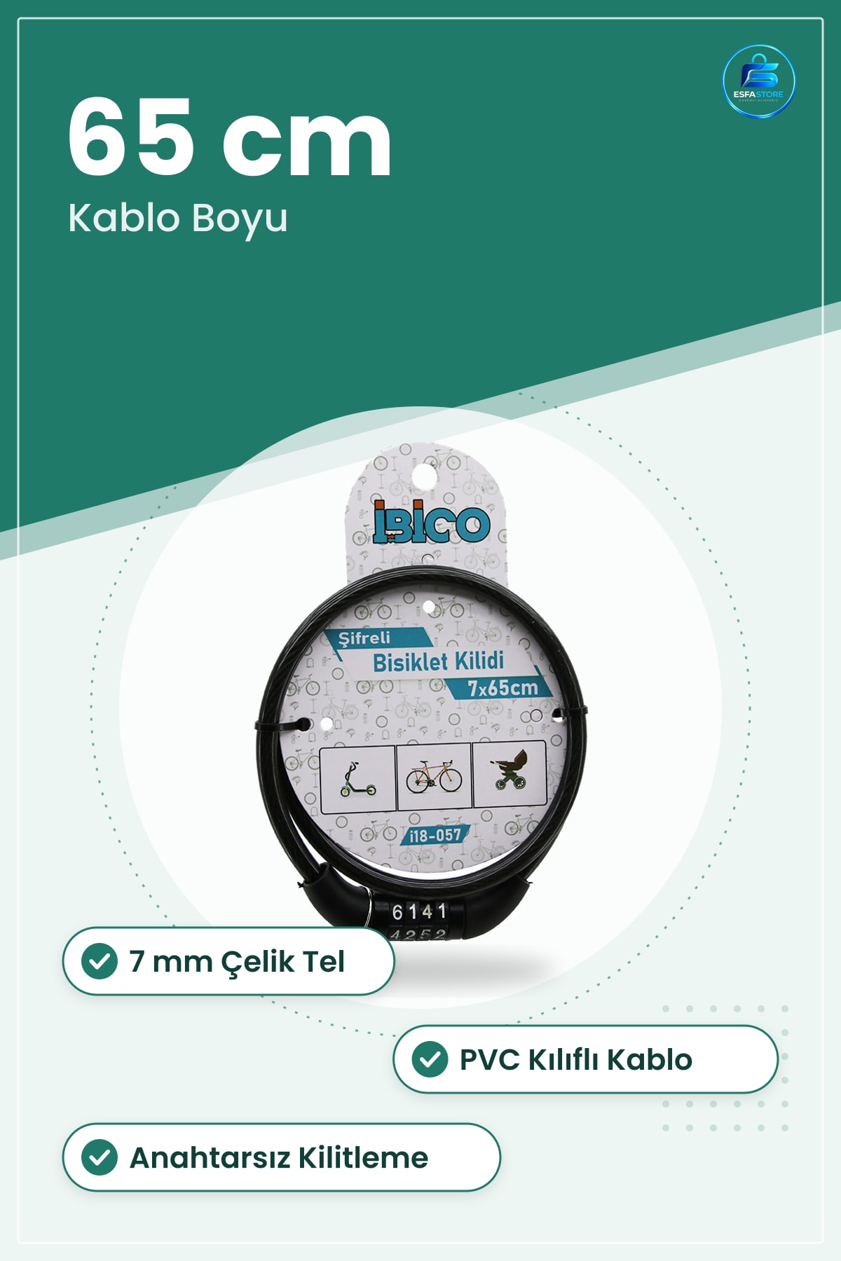 Bisiklet Kilidi Şifreli Çelik Tel 7mm x 65cm PVC Kılıflı Anahtarsız Güvenlik Sabitleme Pratik