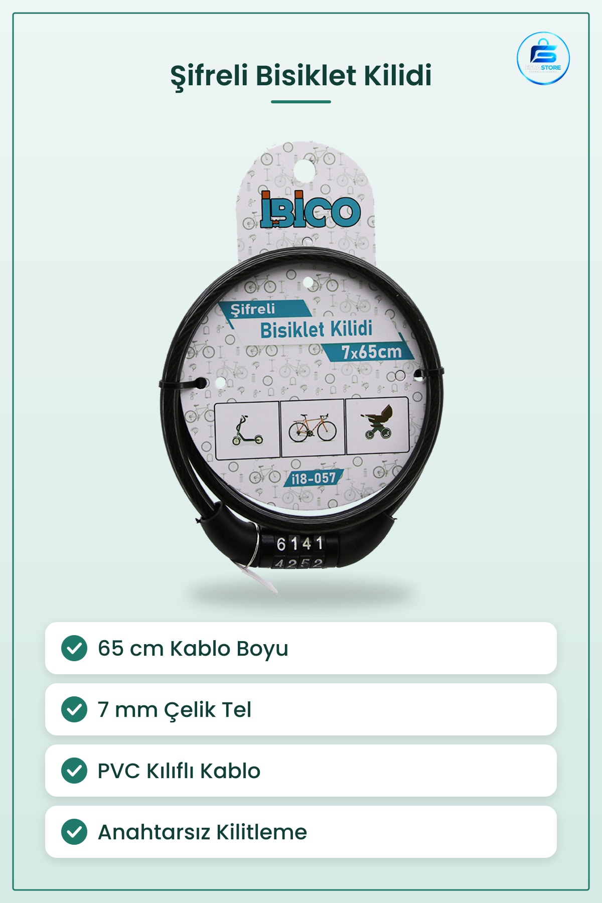 Bisiklet Kilidi Şifreli Çelik Tel 7mm x 65cm PVC Kılıflı Anahtarsız Güvenlik Sabitleme Pratik