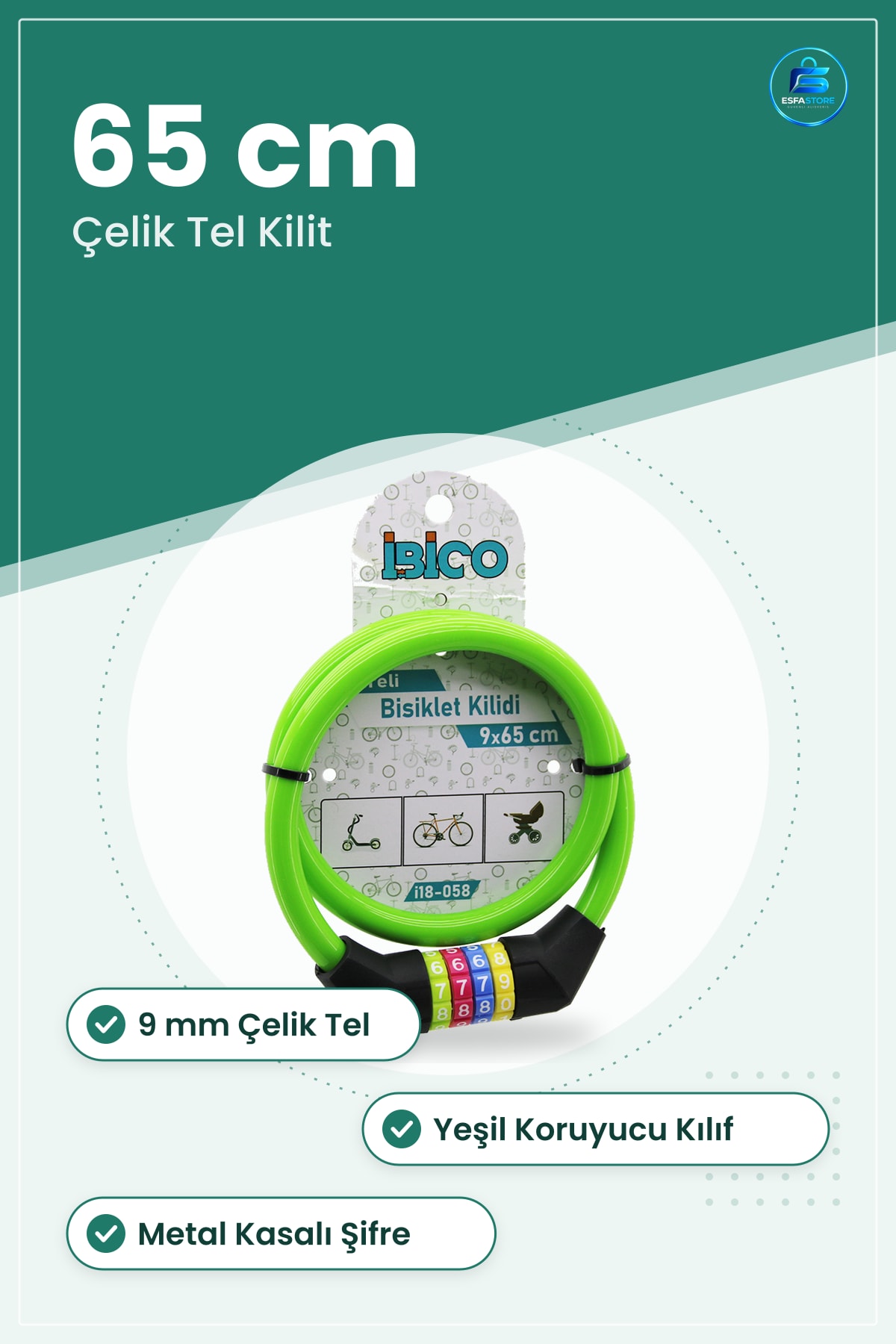 Bisiklet Kilidi Şifreli Çelik Tel 9mm x 65cm Yeşil Kılıflı Kablo Kilit Scooter Güvenlik